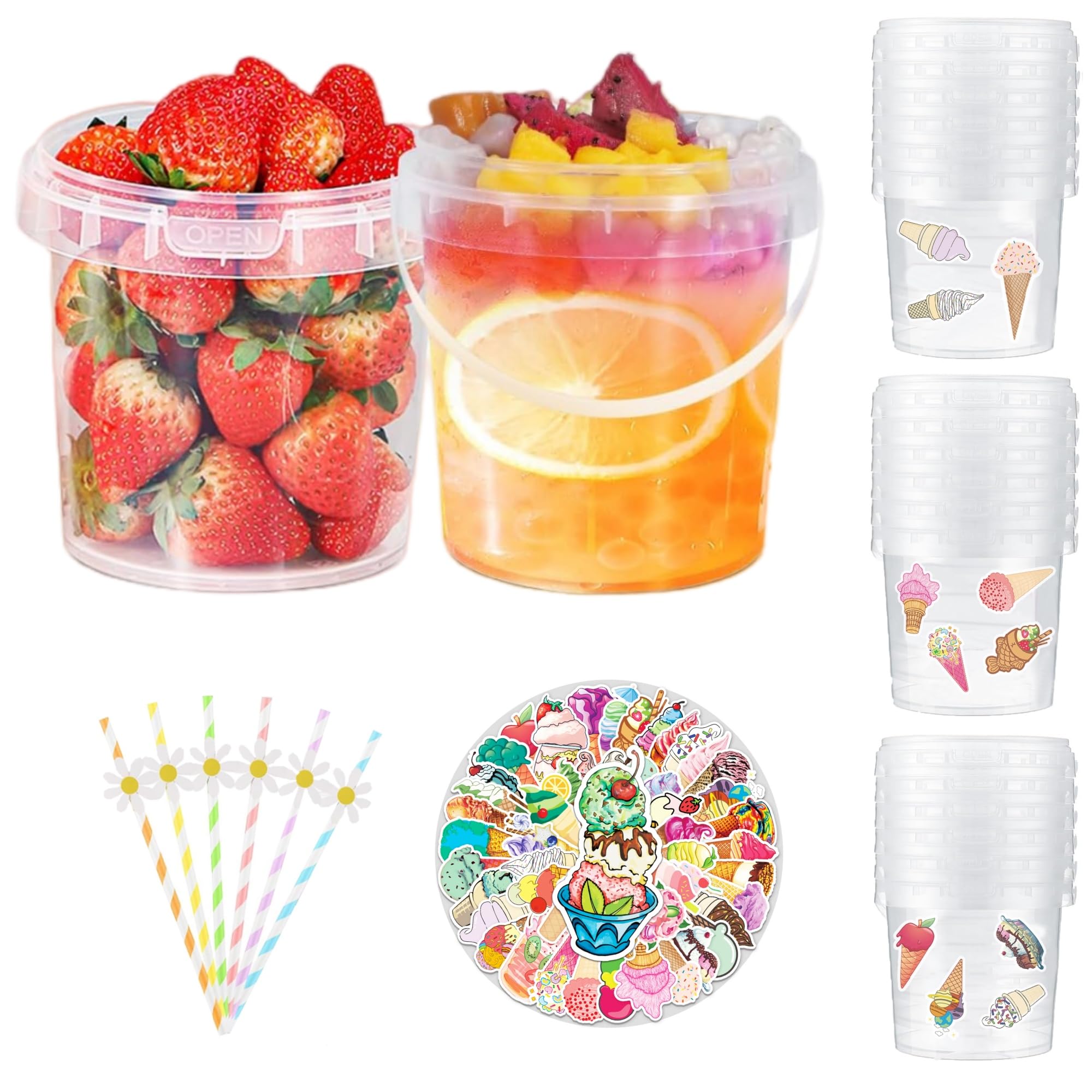 Ice Cream Buckets with Lids and Handles 20 Pcs 1L/34oz Cocktail Rum Buckets For Christmas Drinks With 100 Pcs Pink Girl Stickers 20 Pcs Cute Straws Reusable Food Storage Containers for Party Christmas