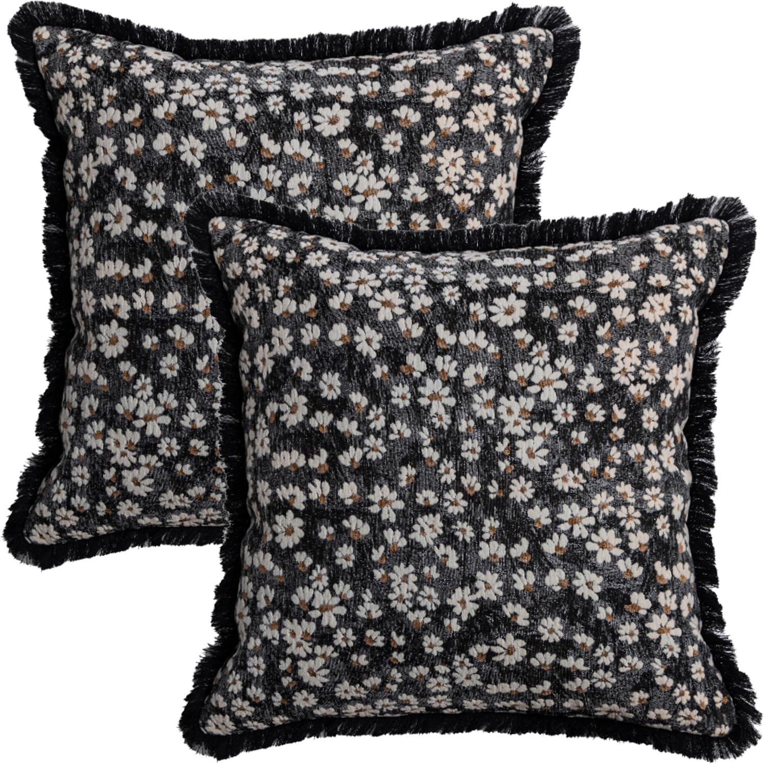 Tennove Cushion Covers 45x45cm Set of 2 Decorative Farmhouse Floral Daisy Throw Pillow Covers with Tassels Soft Chenille Vintage Pillowcases for Sofa Bed Chair Home Decor, Black