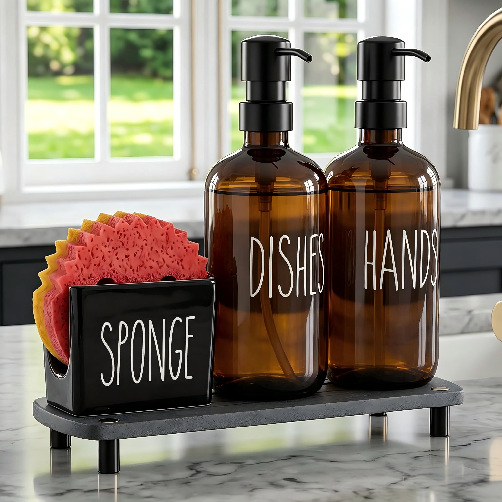 Cisily Amber Kitchen Soap Dispenser Set with Ceramics Sponge Holder