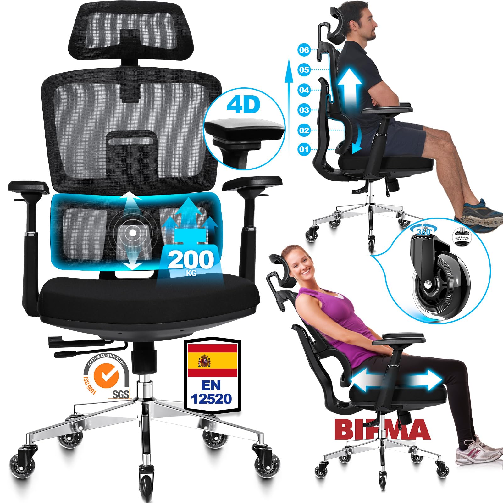 MELOKEA Silla de Oficina Ergonómica 200 kg | Respaldo Ajustable 6P | Reposabrazos 4D | Ruedas de Goma Silenciosas | Profundidad del Asiento Ajustable | Silla de Escritorio para Personas Grandes | Silla de escritorio para personas grandes con soporte lumba