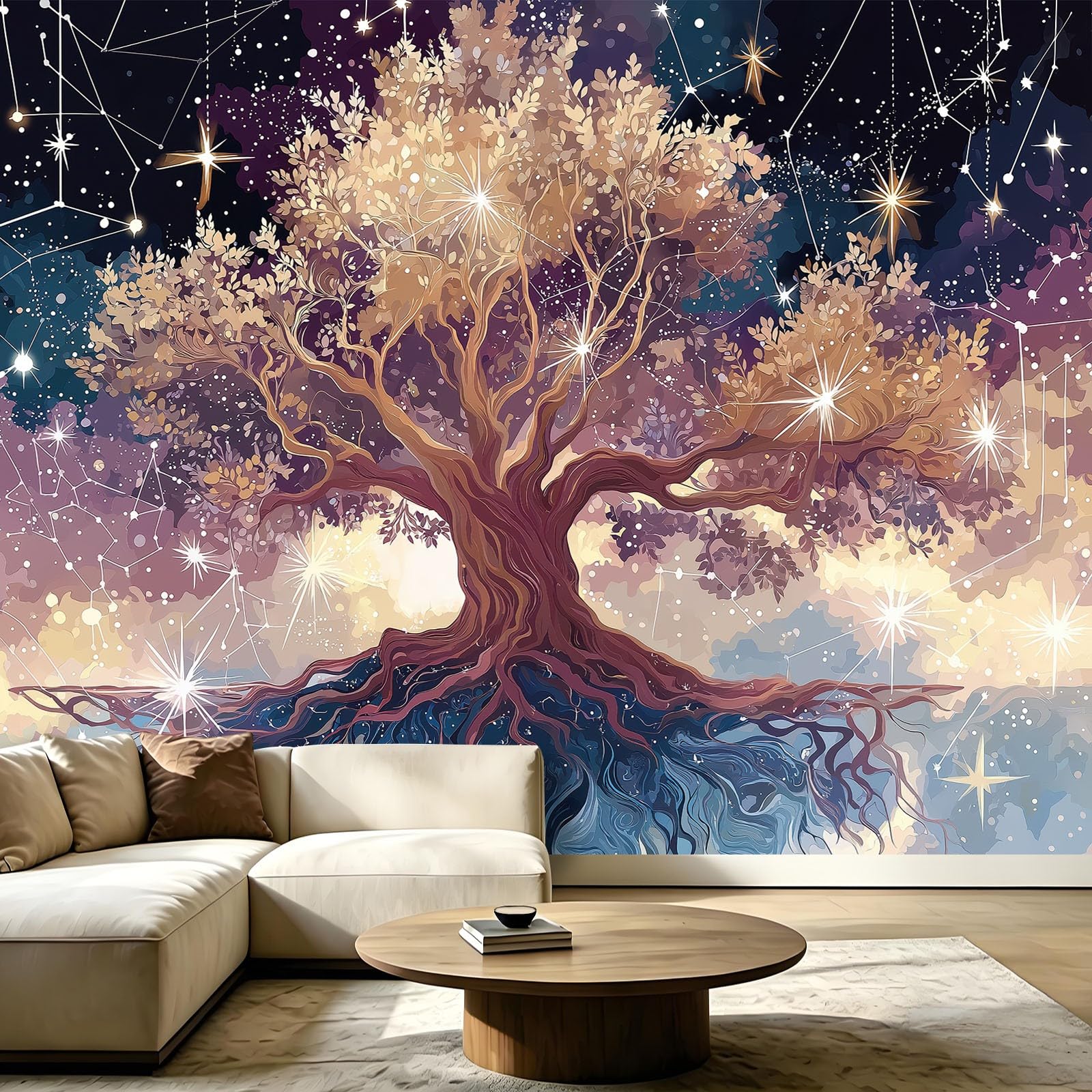 Générique Fantazyjna panoramiczna tapeta gwiaździste niebo 350 x 256 cm niestandardowy ogromny plakat ścienny do salonu, sypialni, pokoju dziecięcego - drzewa konstelacje świecące kropki