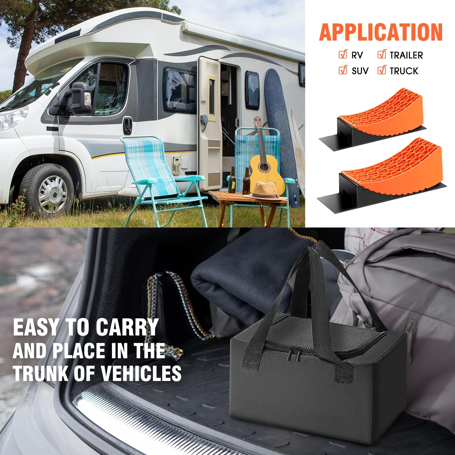 DNA MOTORING 4 x Nivellierrampe für Wohnmobil, Reiseanhänger, Gebogene RV-Nivellierer mit 4 Unterlegkeilen, 4 Matten, Tragetasche, einfacher und schneller zu nivellieren, Orange, TOOLS-00705