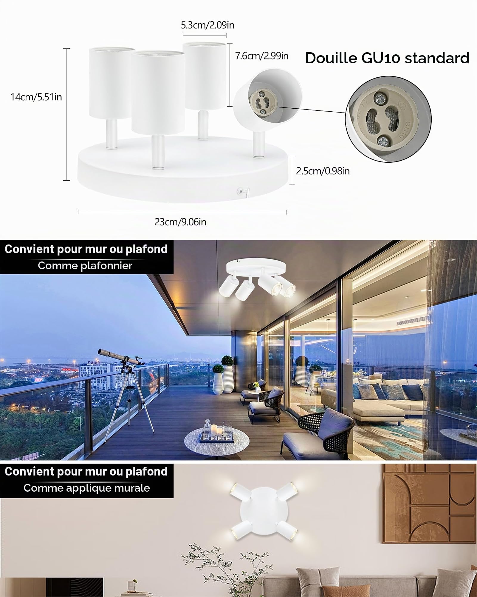 Plafonnier LED 4 Spots, Rond Spots de plafond Orientables