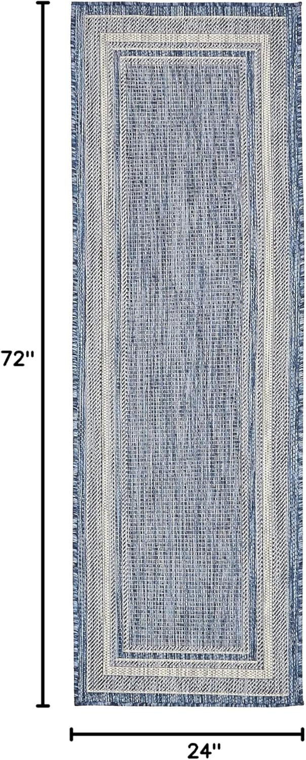 Rugs.com Outdoor Border Collection Rug – 2' x 6' Runner Blue Flatweave Rug Perfect for Hallways, Entryways