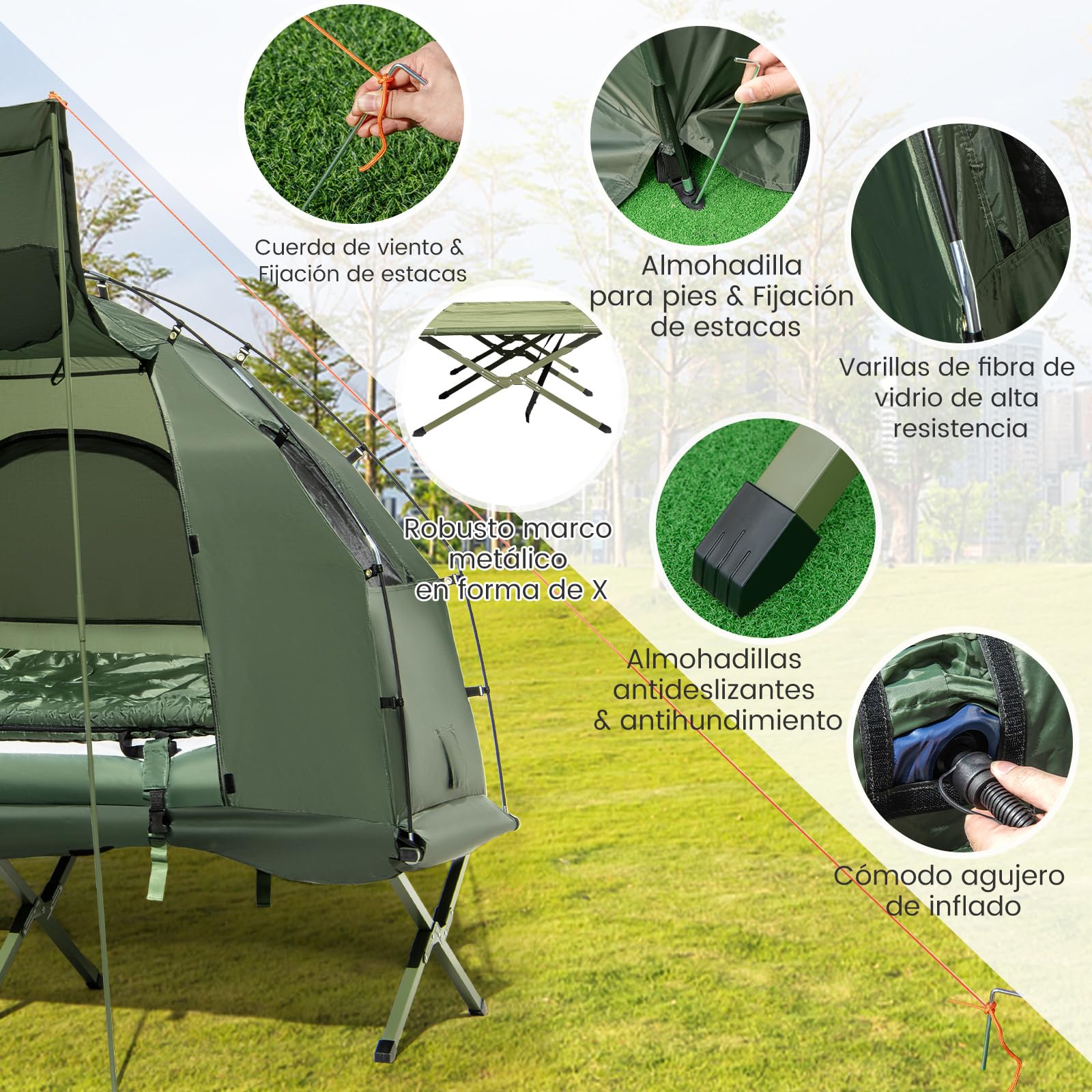 COSTWAY Tienda de Campaña para 1/2 Persona, 5 en 1 Tienda Camping con Cama Plegable Camping, Colchón de Aire, Almohada, Saco de Dormir, Tienda Iglú Impermeable Bolda de Transporte