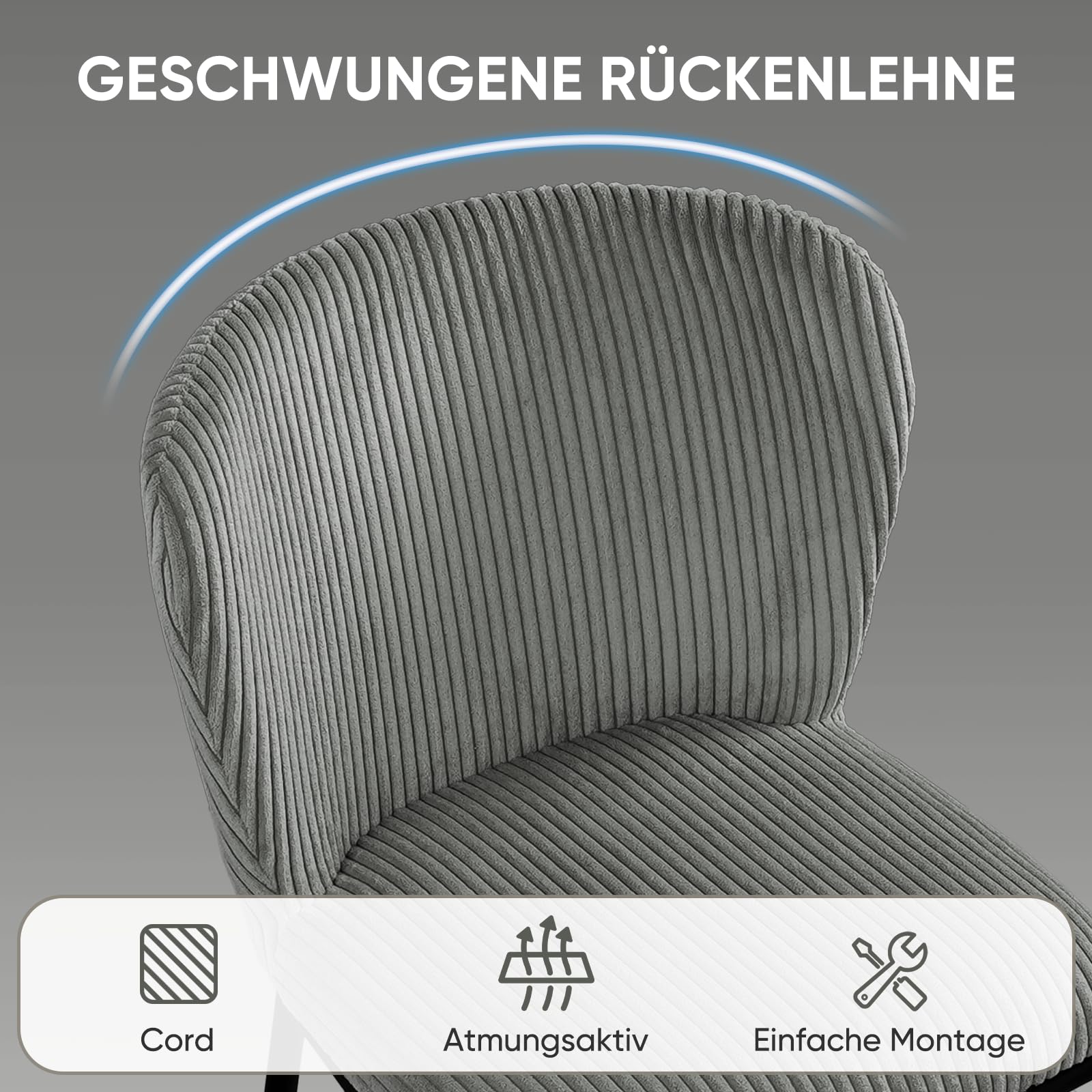 Esszimmerstühle 2er Set, Esstischstühle mit Cordbezug und Metallbeinen, ergonomische Küchenstühle armlehnlos für Esszimmer & Küche, Bequeme Stühle mit Schaumstoffpolsterung-Grau