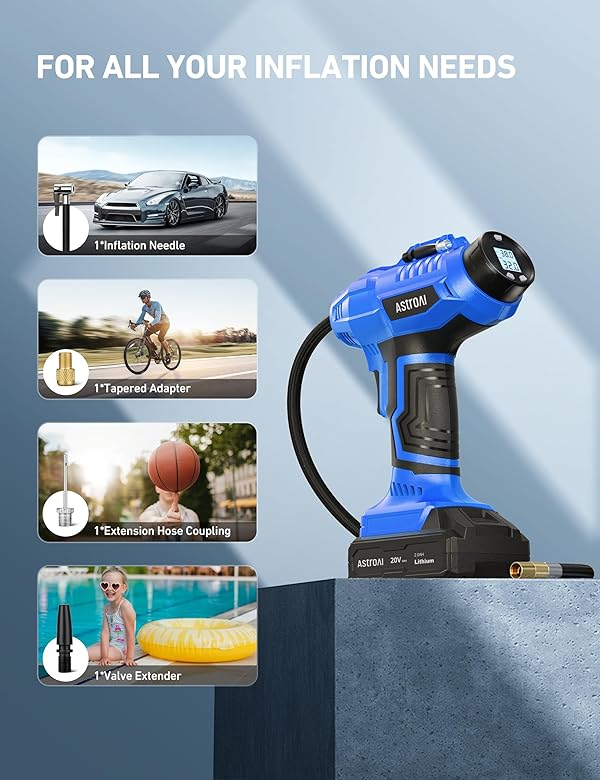AstroAI C2 Cordless Tire Inflator Air Compressor 20V Rechargeable Battery Powered 160PSI Portable Handheld Air Pump with 12V Car Power Adapter Digital Pressure Gauge for Cars Motorcycles Gift Blue by AstroAI - Image 7