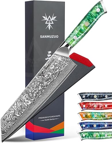 Kiritsuke - Cuchillo de chef de cocina de 8.5 pulgadas, mango de acero de Damasco y resina de 67 capas, serie Xuan (verde jade)