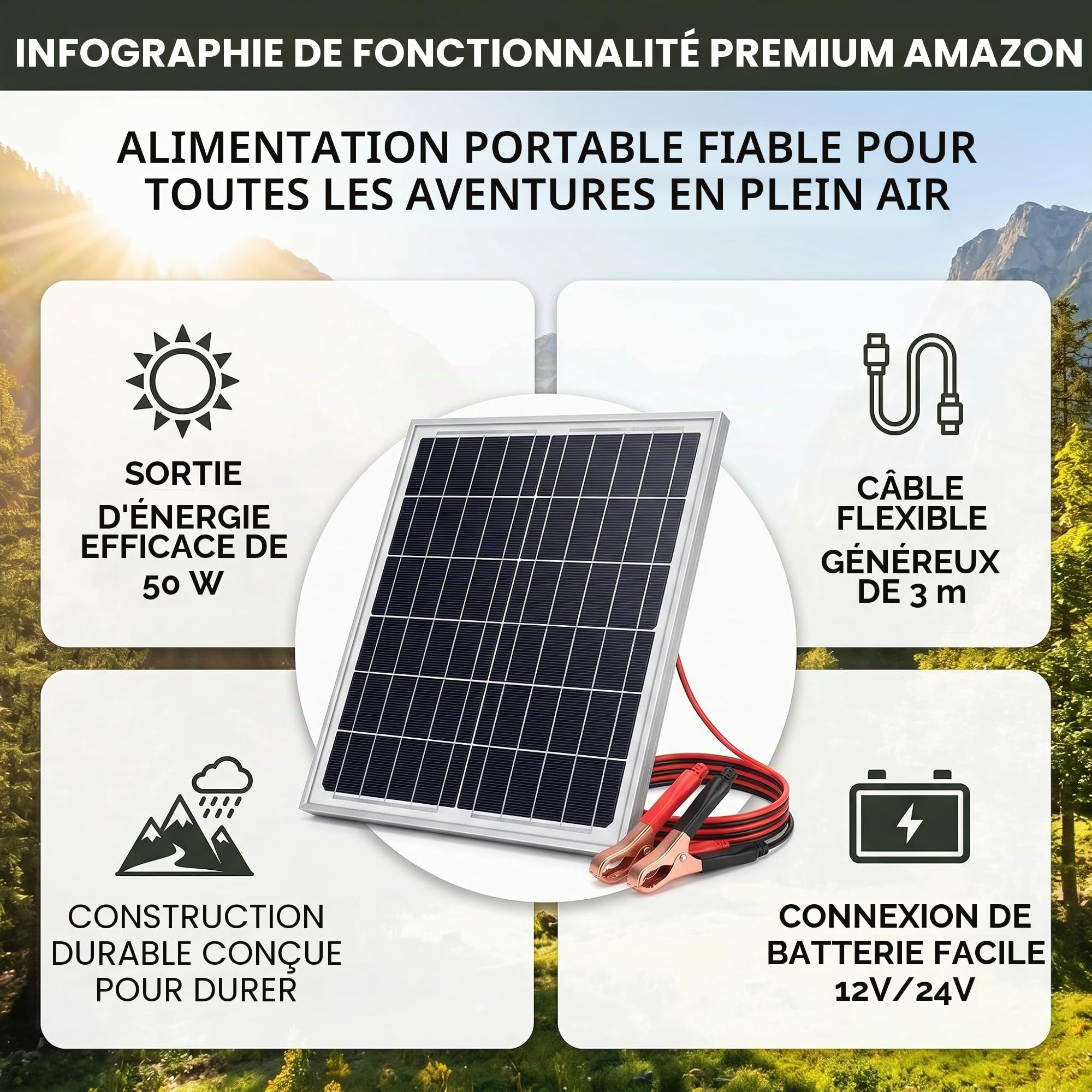 Panneau Solaire Portable 50 W avec Silicium Monocristallin, Cadre en Aluminium et Câble de 3 Mètres pour Camping, Randonnée, Camping-car