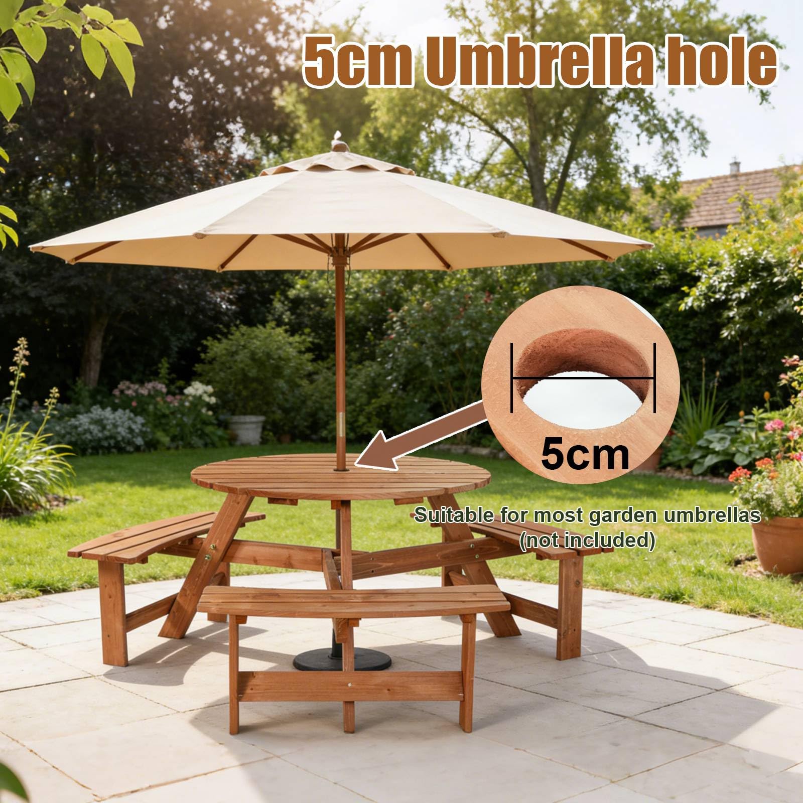 BIRCHTREE Outdoor Wooden Picnic BBQ Round Table Bench Garden Patio Deck Pub Chair 6 Seats Garden Patio Home Park Furniture Fir Wood Brown New - Image 5