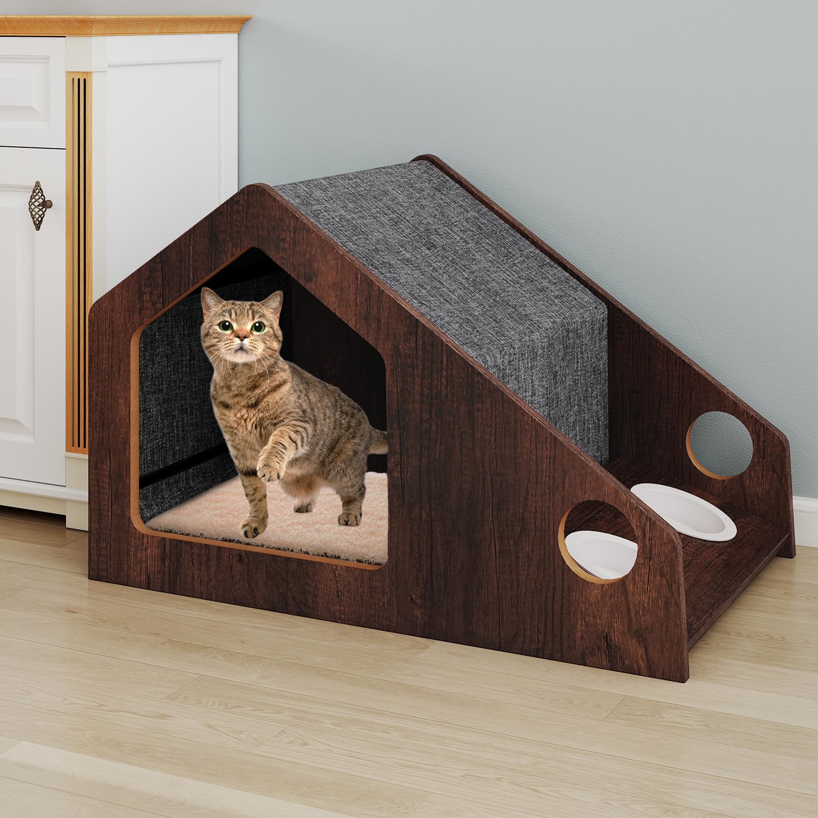 COSTWAY Casa para Gatos de Madera para Interior, 60x40x40 cmCaseta para Gatos con Comedero, Techo Desmontable y Lavable, Estructura Metálica, Villa de Estilo de Granja, Refugio Decorativo para Gatitos