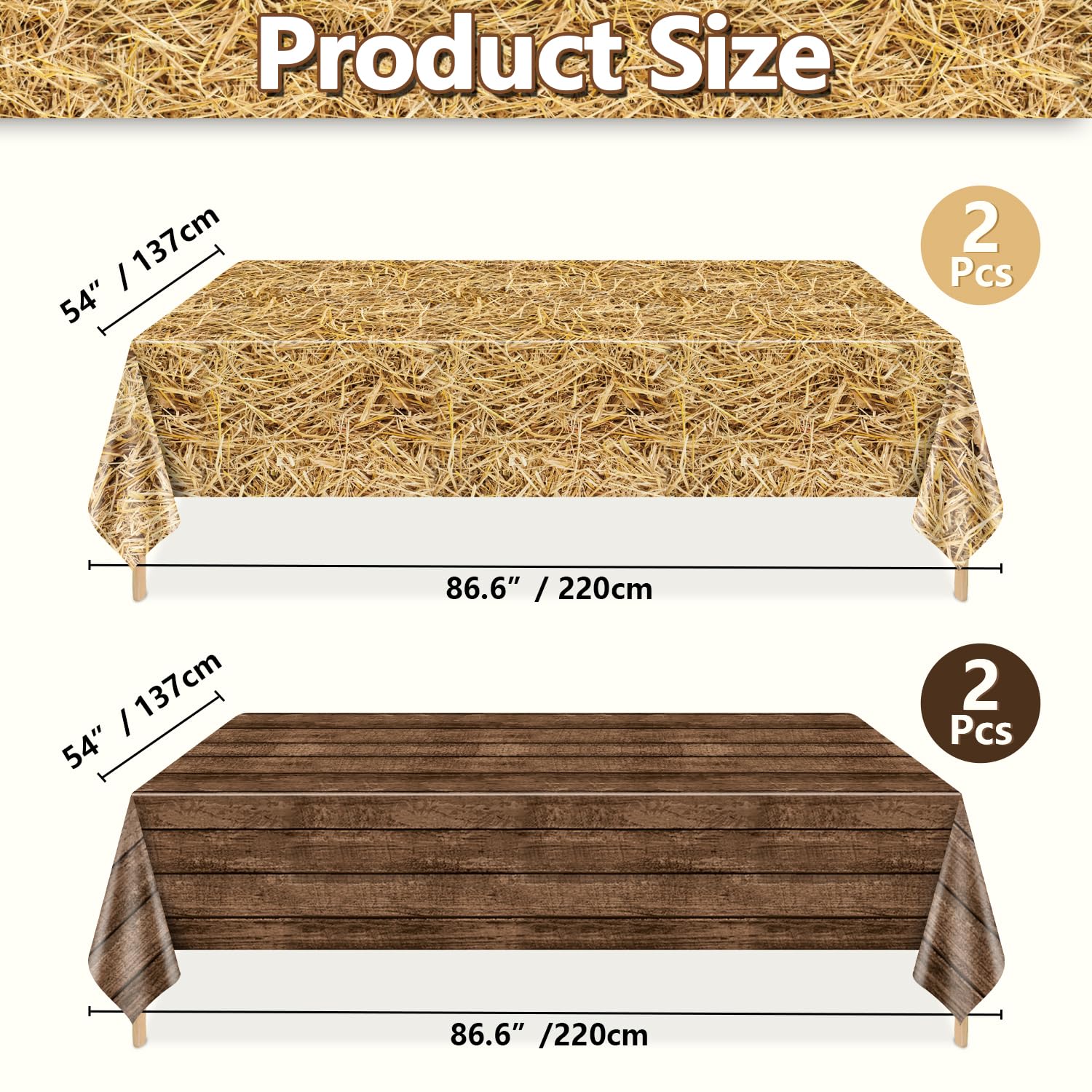 PTECDROTS 2Pcs Straw Tablecloths and 2Pcs Wood Tablecloths Rectangular Straw Wood Grain Table Decorations for Farm Party Cowboy Western Theme Party Supplies - Image 2