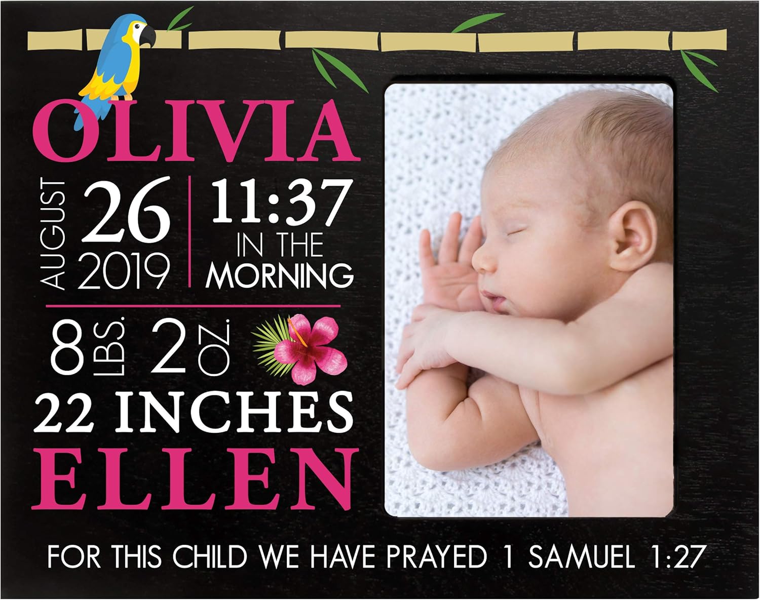 LifeSong Milestones Personalized Baby Birth Arrival Announcement - Newborn Stats Tropical Nursery Picture Frame Decor for Boys and Girls 8” x 10” Frame Holds 4” x 6” Photo (Black)