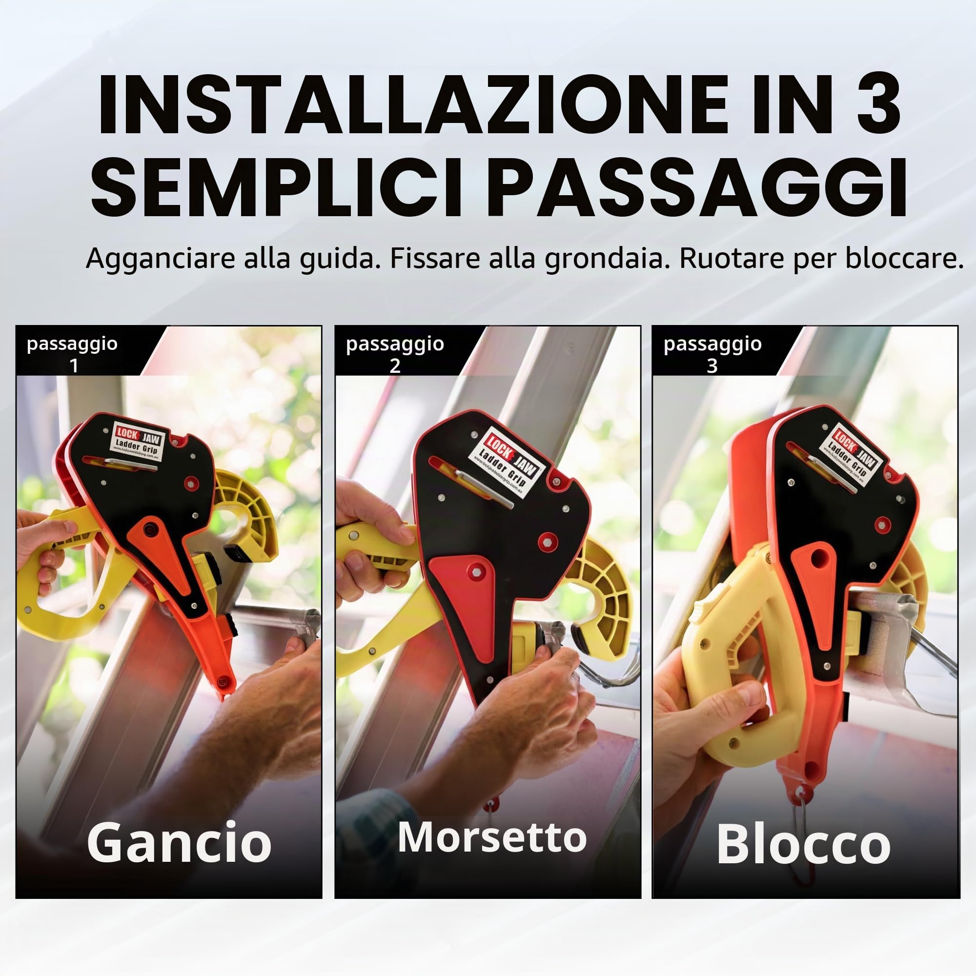 Lock Jaw Blocco scala anticaduta - Ferma scala montaggio rapido - Ladder grip per sicurezza sul lavoro - Accessori per scala - Blocca scala