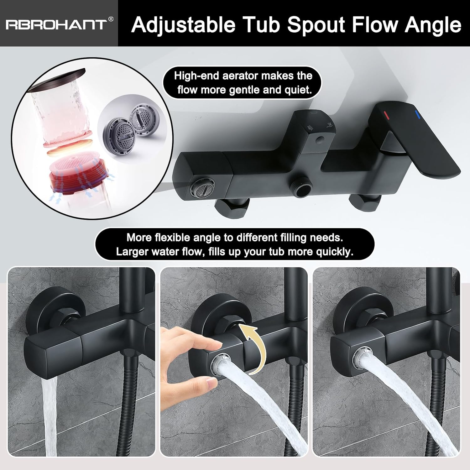 Image showing the adjustable flow angle of the tub spout and its high-end aerator.