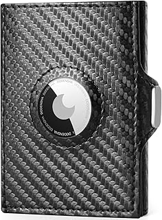 AirTag Wallet, Slim Card Wallet RFID Blocking Genuine Leather Minimalist Credit Card Holder Wallet with Banknote Compartments, ID Window, Coin Pocket & Snap Closure Men Wallets with Gift Box