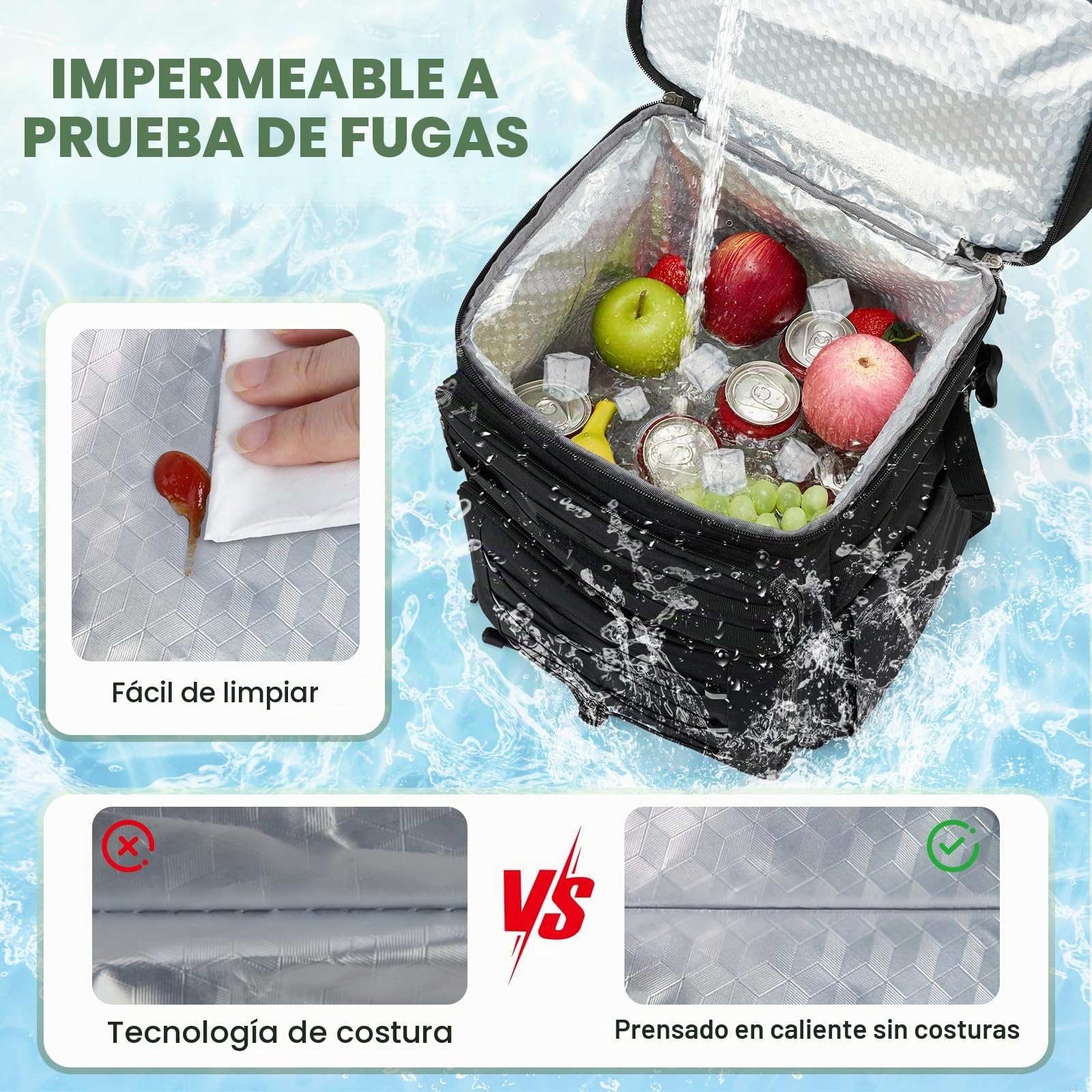 RAINSMORE Mochila Nevera Isotermica 30l a Prueba de Fugas Mochila Termica Porta Alimentos Doble Zona Impermeable para Exteriores Picnic Negro