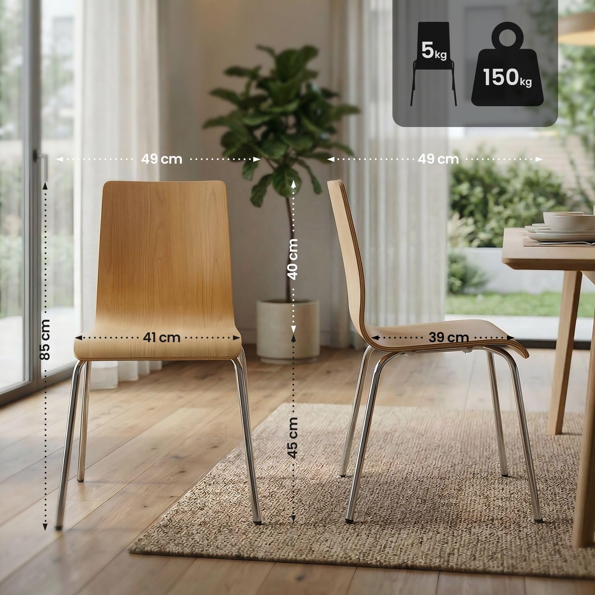 CLP Stuhl stapelbar Gahanna, Stapelstuhl aus Formholz mit HPL-Laminat, Stahlgestell verchromt belastbar bis 150 kg, Esszimmer und Büro, Farbe:Natur