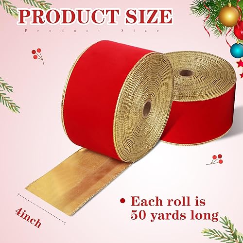 Miniatura 2 de Giegxin 2 rollos de cinta de terciopelo de Navidad con borde dorado, cinta con alambre para envolver regalos de Navidad, coronas de Navidad, lazo,