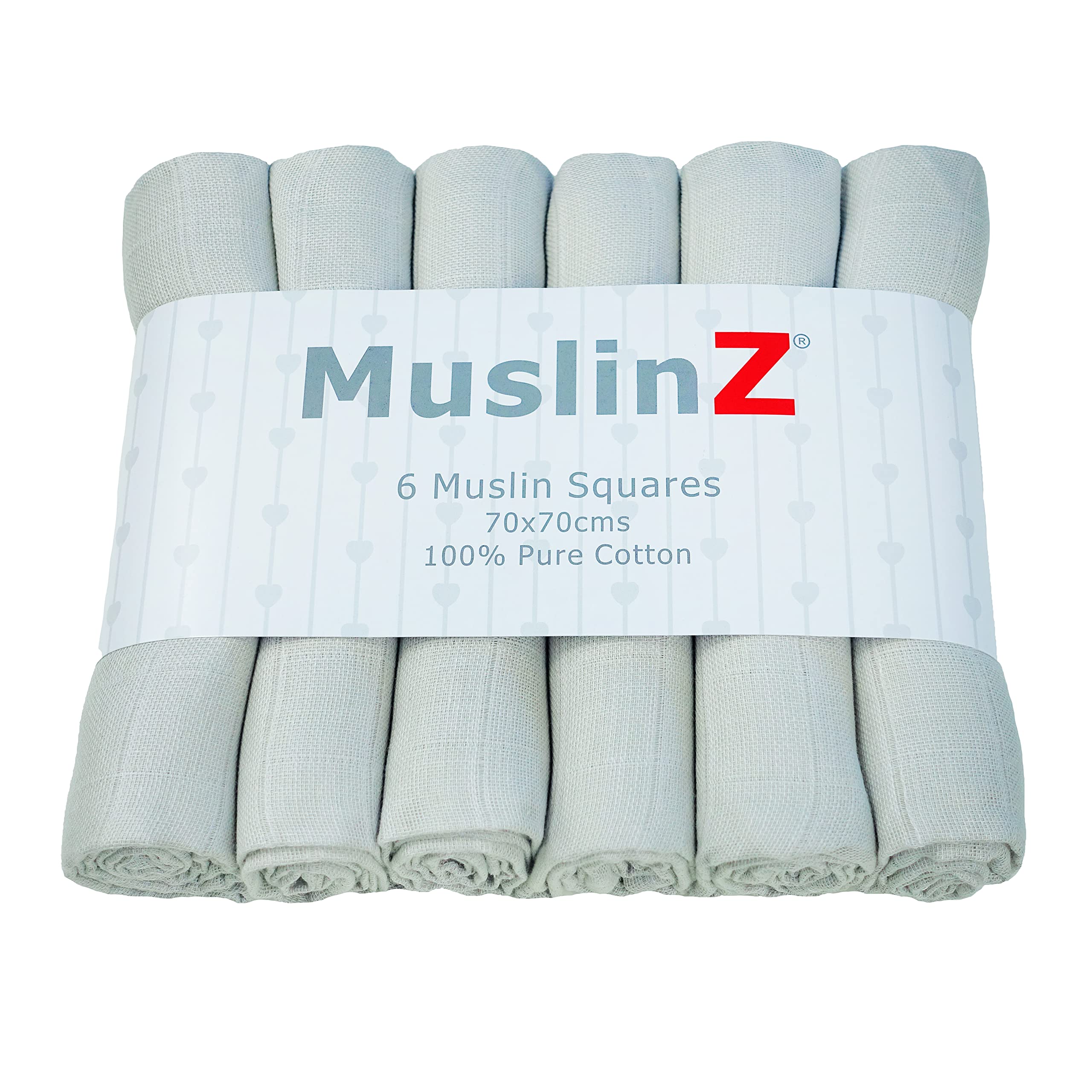 MuslinZ- 6 pack Muslin Squares Baby Burp Cloths 70x70cms Perfect for Newborns, multi-use, Oeko-Tex standard 100, UK brand. (Grey)