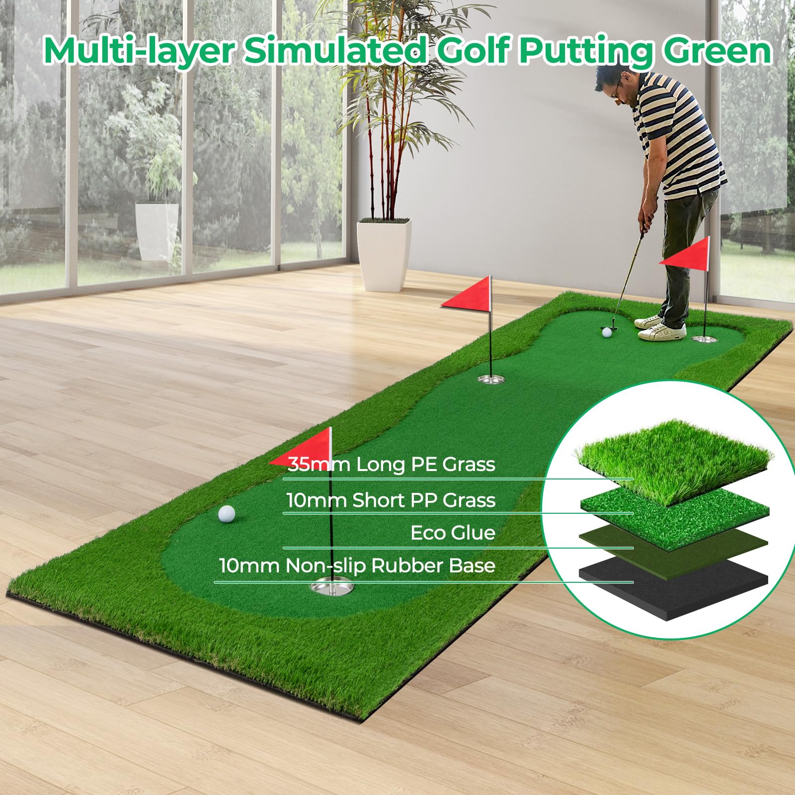 LIFEZEAL Alfombrilla de Entrenamiento de Golf, 3x1m, Esterilla Golf Profesional con 2 Pelotas de Golf, Alfombra de práctica con 3 Agujeros, tapete de Golf Plegable para Interior y Exterior