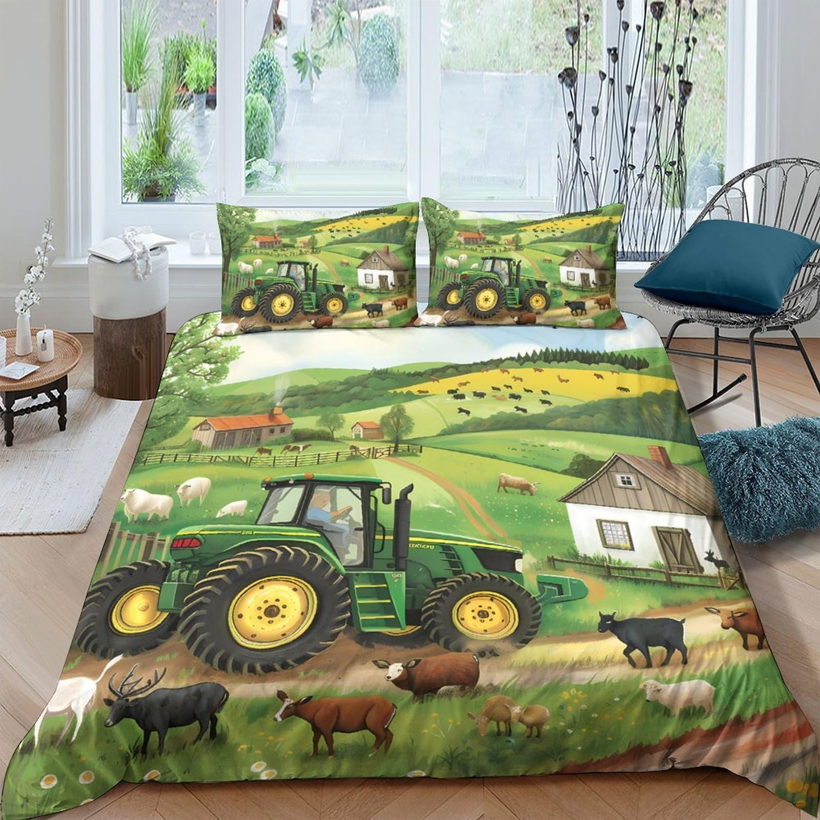 Ctjqhvkz Style-7 3D Printed Green Tractor Farm Scene Fitted Sheet Microfiber Soft Anti-Slip Bed Cover For Bedroom Guest Room Decor Single（135X200cm）