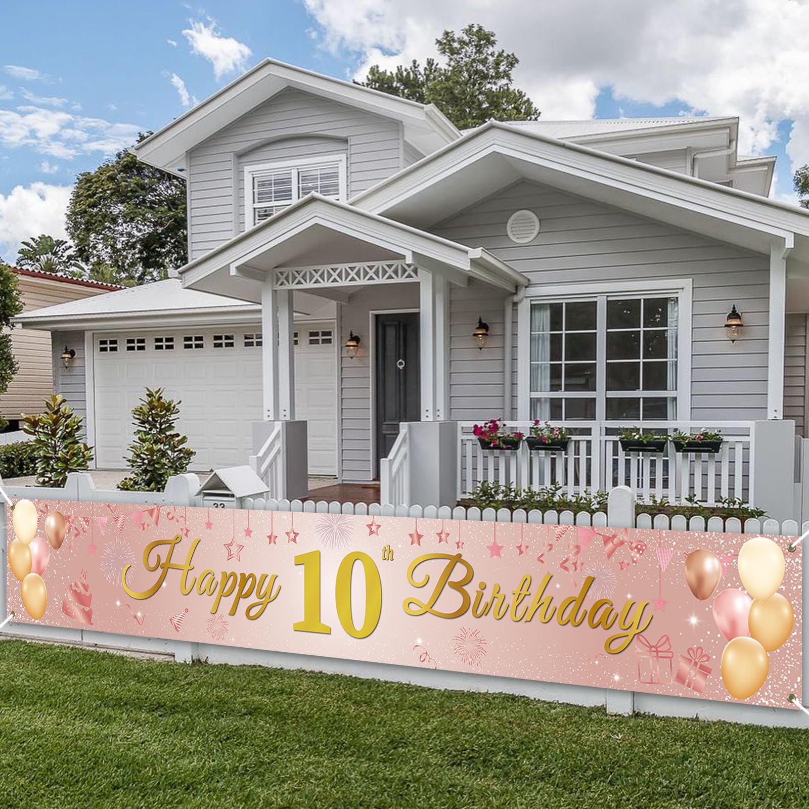 PartyYaa 10th Birthday Banner, Happy 10th Birthday Banner Decorations, Extra Large Party Photo Booth Long Background Decor Sign Poster for Girls Boys (Rose Gold)