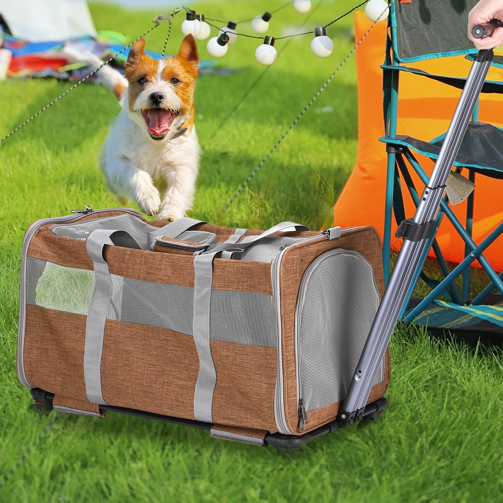 Transportín para gatos con ruedas para 2 gatos, plegable con ruedas para 2 gatos y perros pequeños, transpirable, perfecto para viajes, senderismo, camping, visitas veterinarias, color marrón