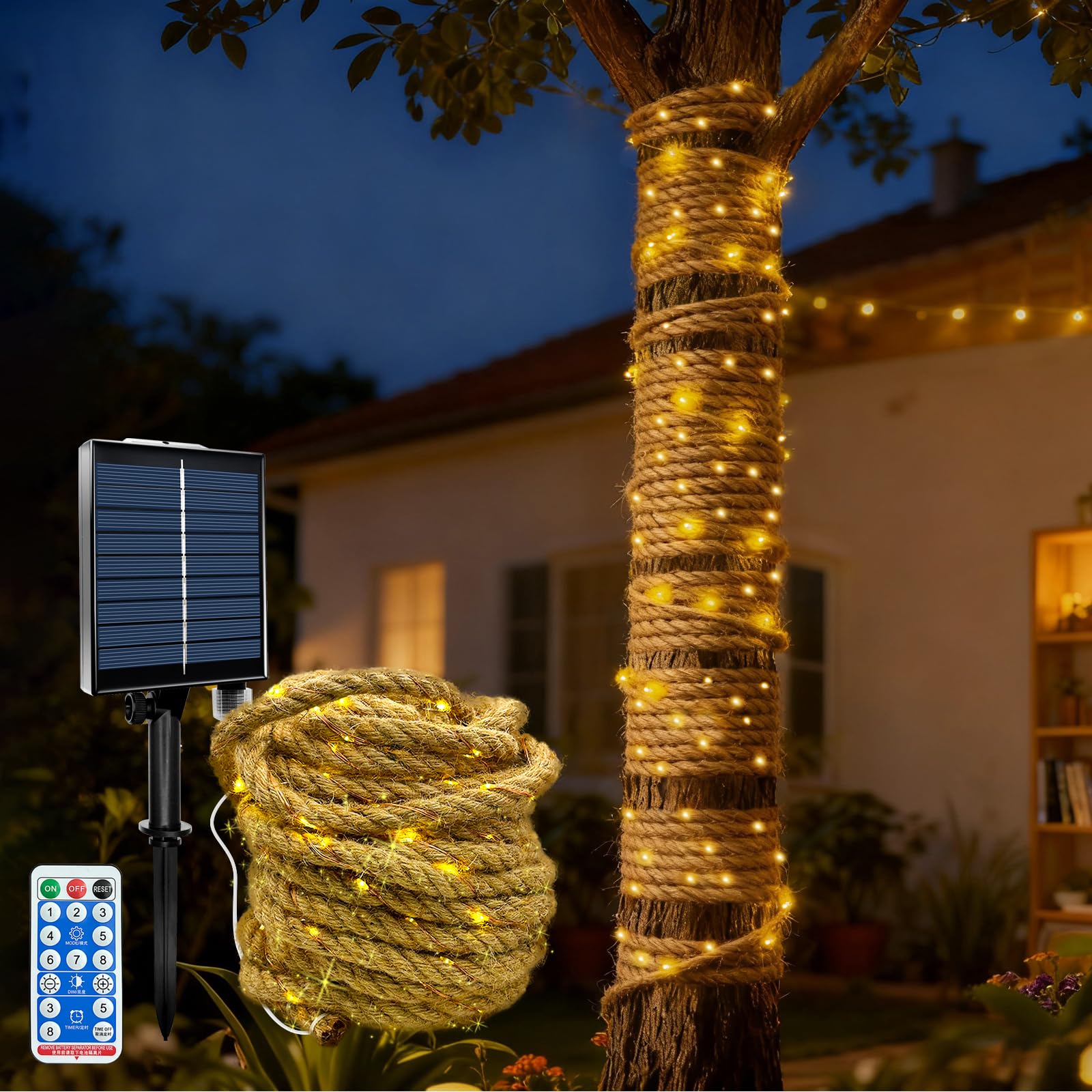 Solarny łańcuch świetlny 10 m, 200 diod LED, łańcuch świetlny z 8 trybami oświetlenia, regulacja jasności i timer, wodoszczelny, do ogrodu, na taras