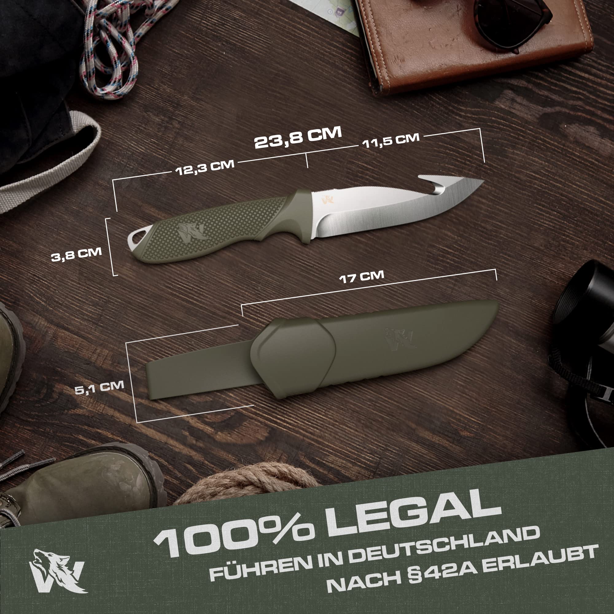 Wolfgangs WHUNTER 2 Jagdmesser feststehende Klinge mit Aufbrechhaken aus starkem D2 Stahl (Durchgängiger Erl) - Aufbrechmesser auch als Angelmesser - Survival Outdoor Messer mit robuster Scheide