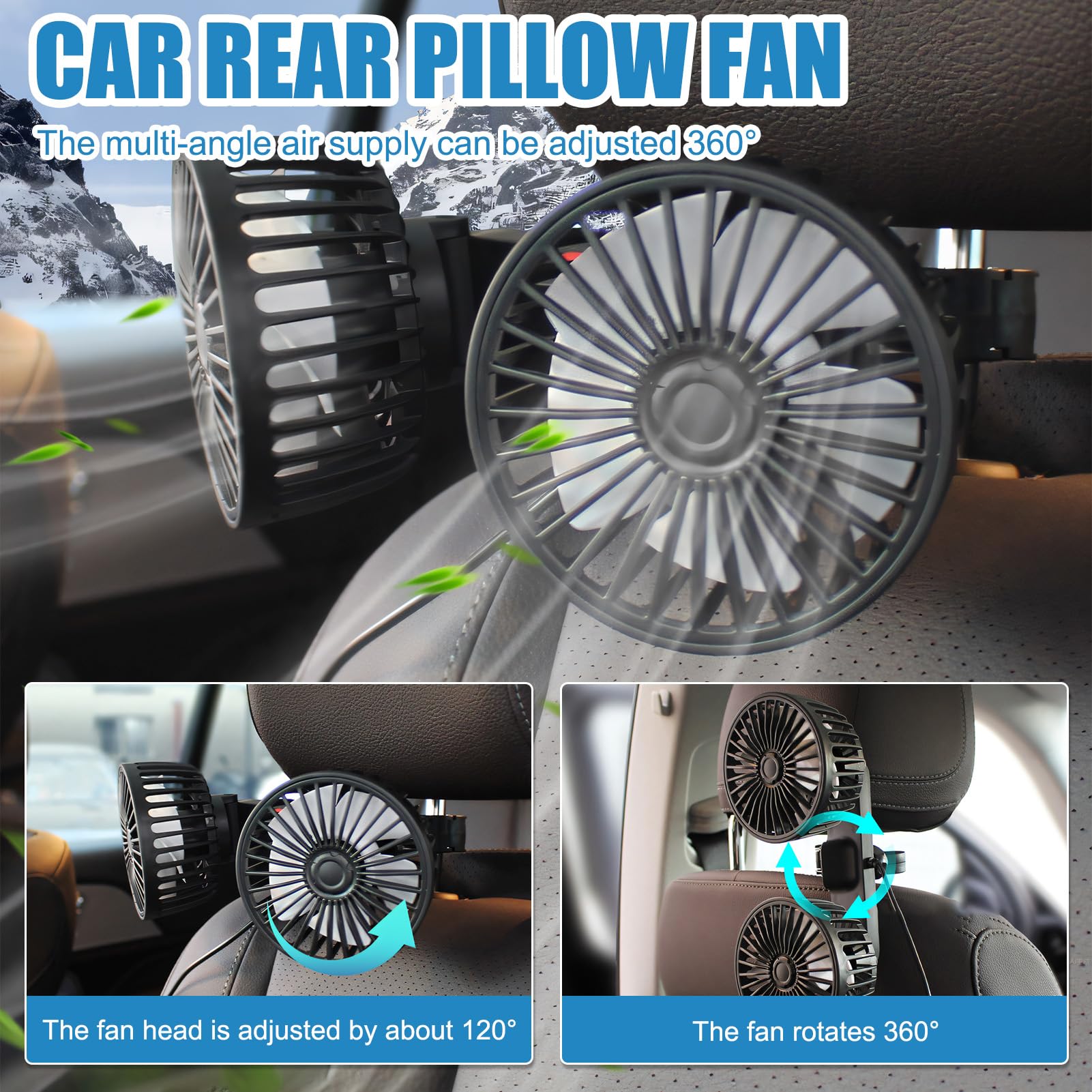 Ventilateur de siège arrière de voiture rotatif à 360 °, ventilateur de voiture USB, 3 vitesses réglables, puissant et silencieux, mini ventilateur pour la maison, le bureau, 12 V, camion, caravane