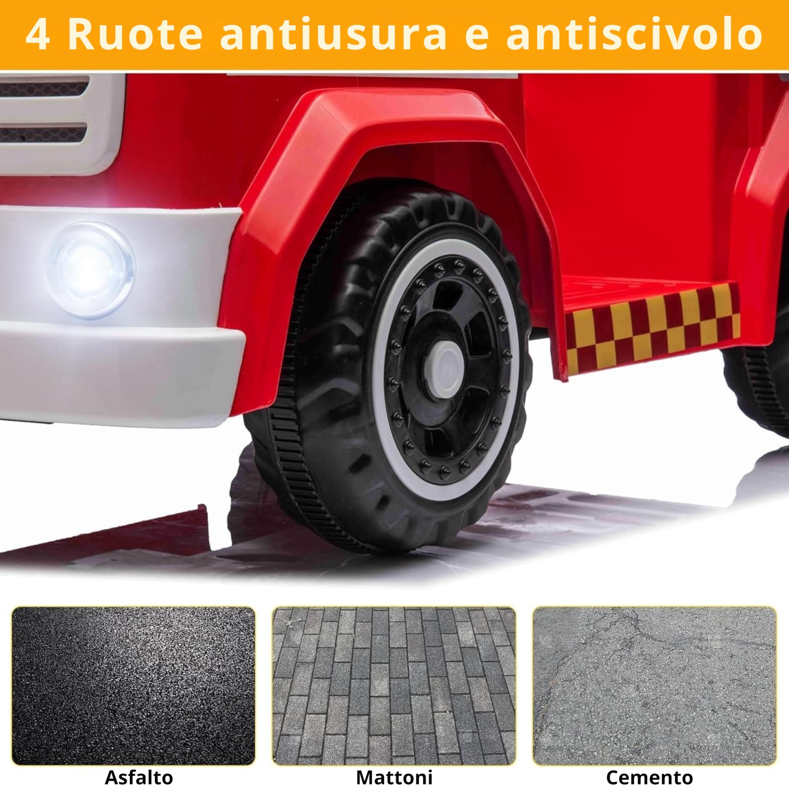 Camion Pompieri Cavalcabile Elettrico 12V per Bambini – Veicolo con Sirena, Luci Lampeggianti, Estintore ad Acqua, Microfono, Telecomando, Musica, LED, USB, Cintura di Sicurezza