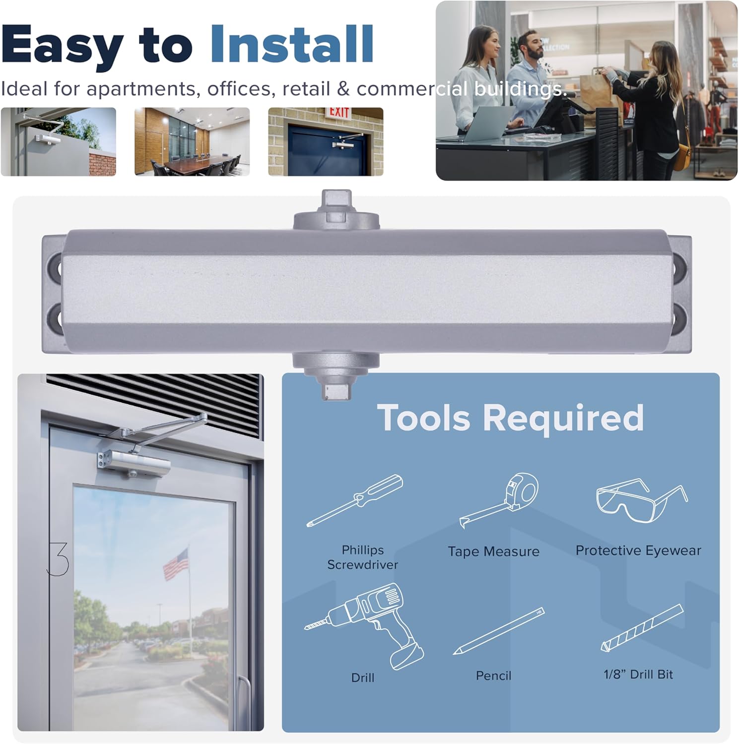 Commercial Door Closer Heavy Duty - Automatic Door Closer for Commercial Use - Grade 1 Auto Hydraulic Spring Hinge - FS-6300 UL & ADA ANSI A156.4 Grade 1 Door Closers Closure Soft Closing Arm