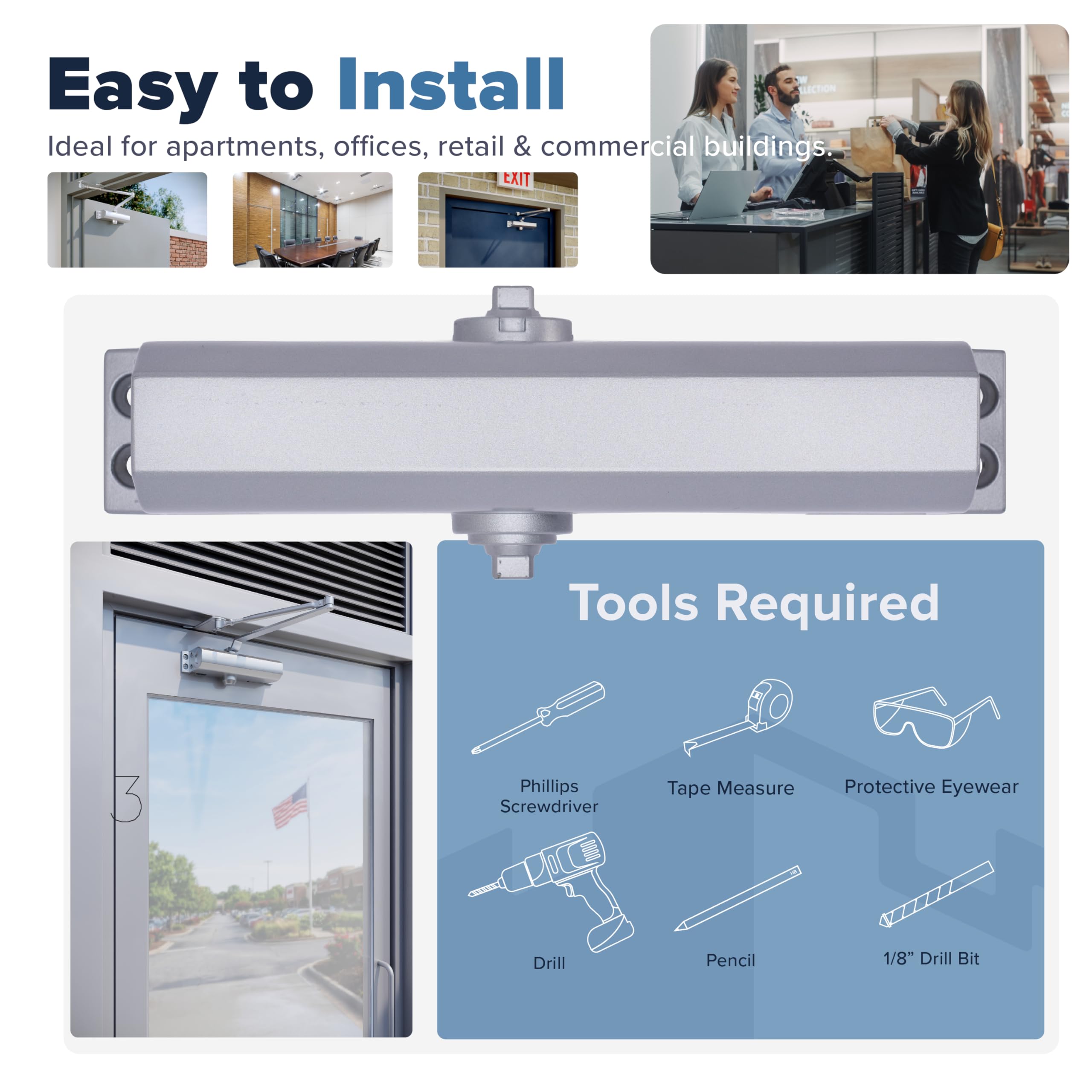 Door Closer Lightweight Commercial Door Closer FS-6300, Size 4, w/Fitting Template - Regular, Top Jamb or Parallel Installation (Silver)