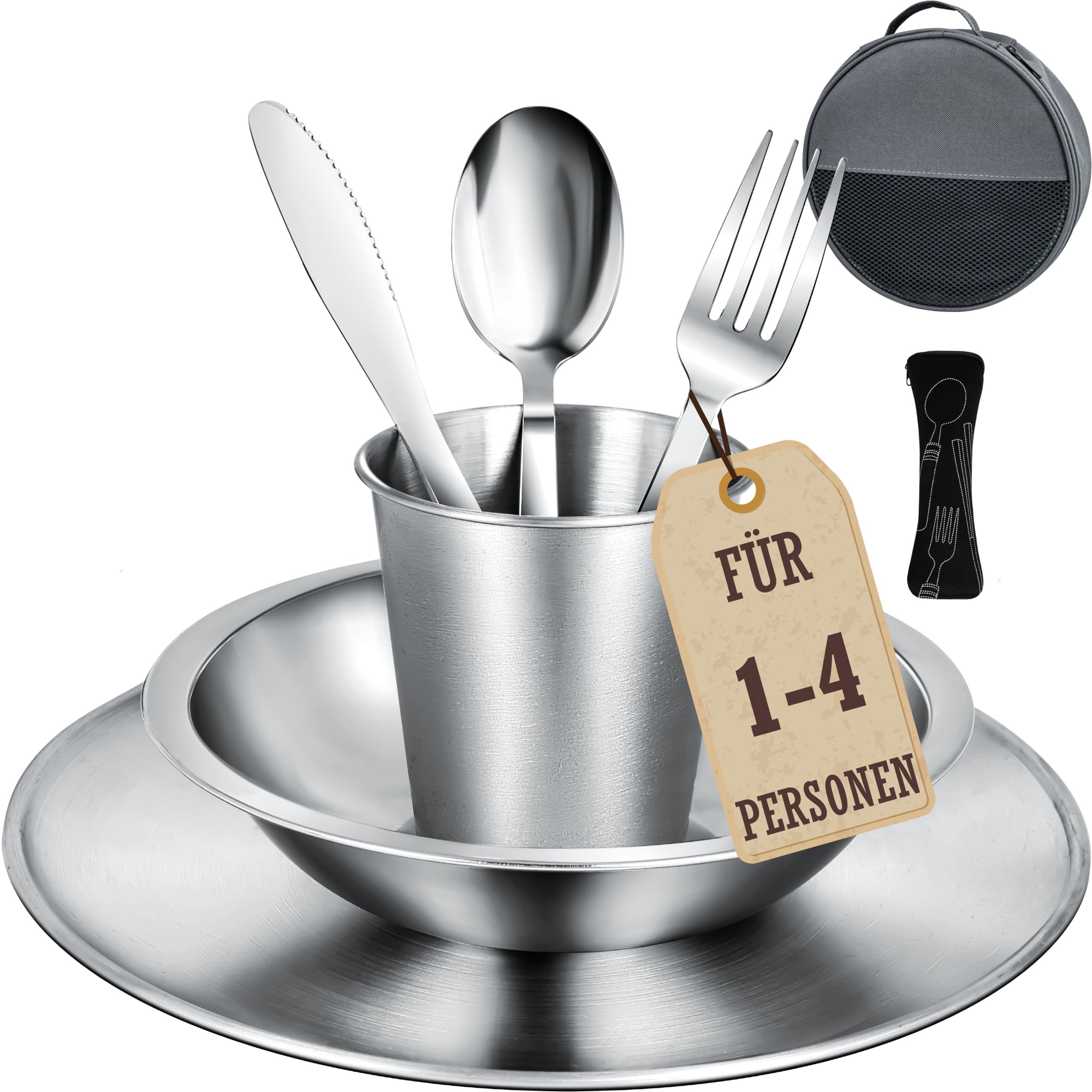 Campingbesteck Set – Camping Geschirr Set mit Edelstahl Besteckset, Teller, Schale und Becher. Inklusive Bestecktasche. Tragbares Geschirrset für Outdoor, Picknick, Grillen. [9-teiliges für 1 Person]