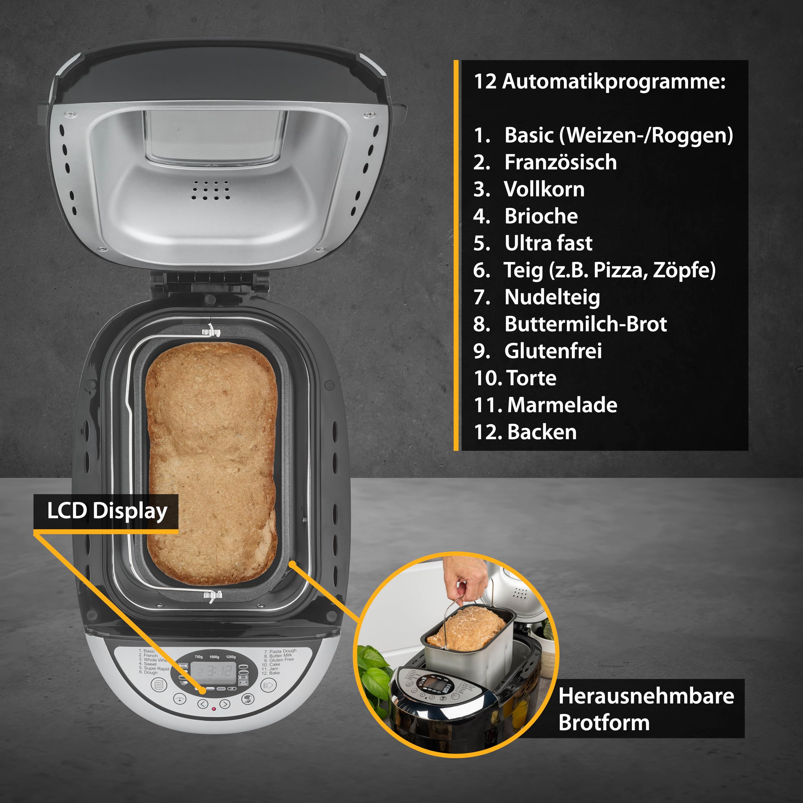 TZS First Austria - Brotbackautomat mit 12 Automatikprogrammen 850W - Vollautomatische Brotbackmaschine 700-1250g Füllmenge - Bread Maker mit Sichtfenster, Timer, Zubehör & Warmhaltefunktion - Schwarz
