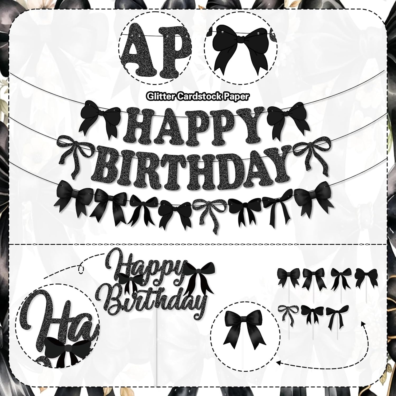 Black Bow Birthday Party Decorations, Girl Bow Birthday Decortions, Black White Balloons, Bows Banner Garland, Bows Cake & Cupcake Toppers and Satin Ribbon for Bow Party Decor - Image 4