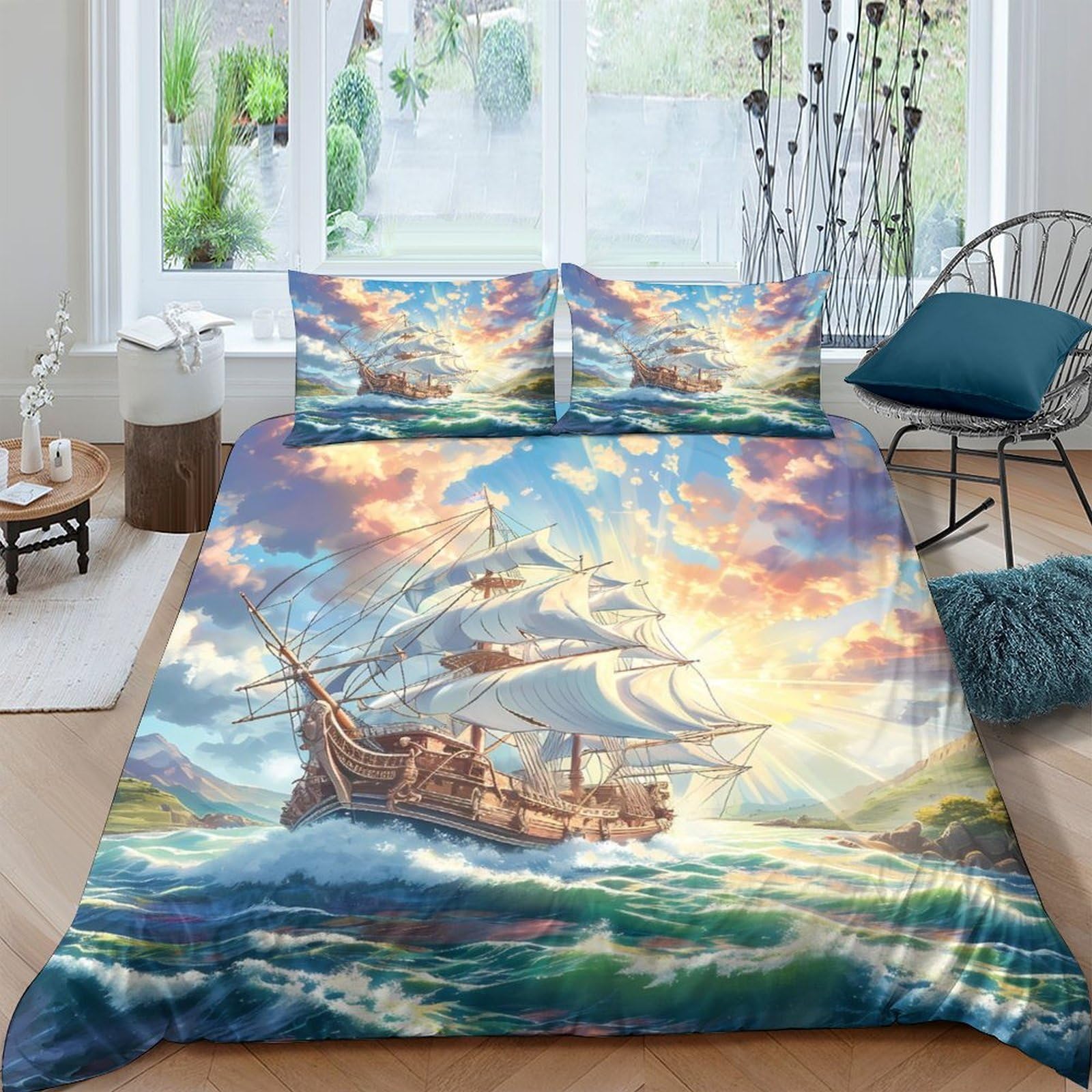 Ctjqhvkz Style-1 3D Printed Ocean Sunrise Fitted Sheet Microfiber Soft Ship Sailing Bed Cover For Bedroom Decor Mattress Protection Single（135X200cm）
