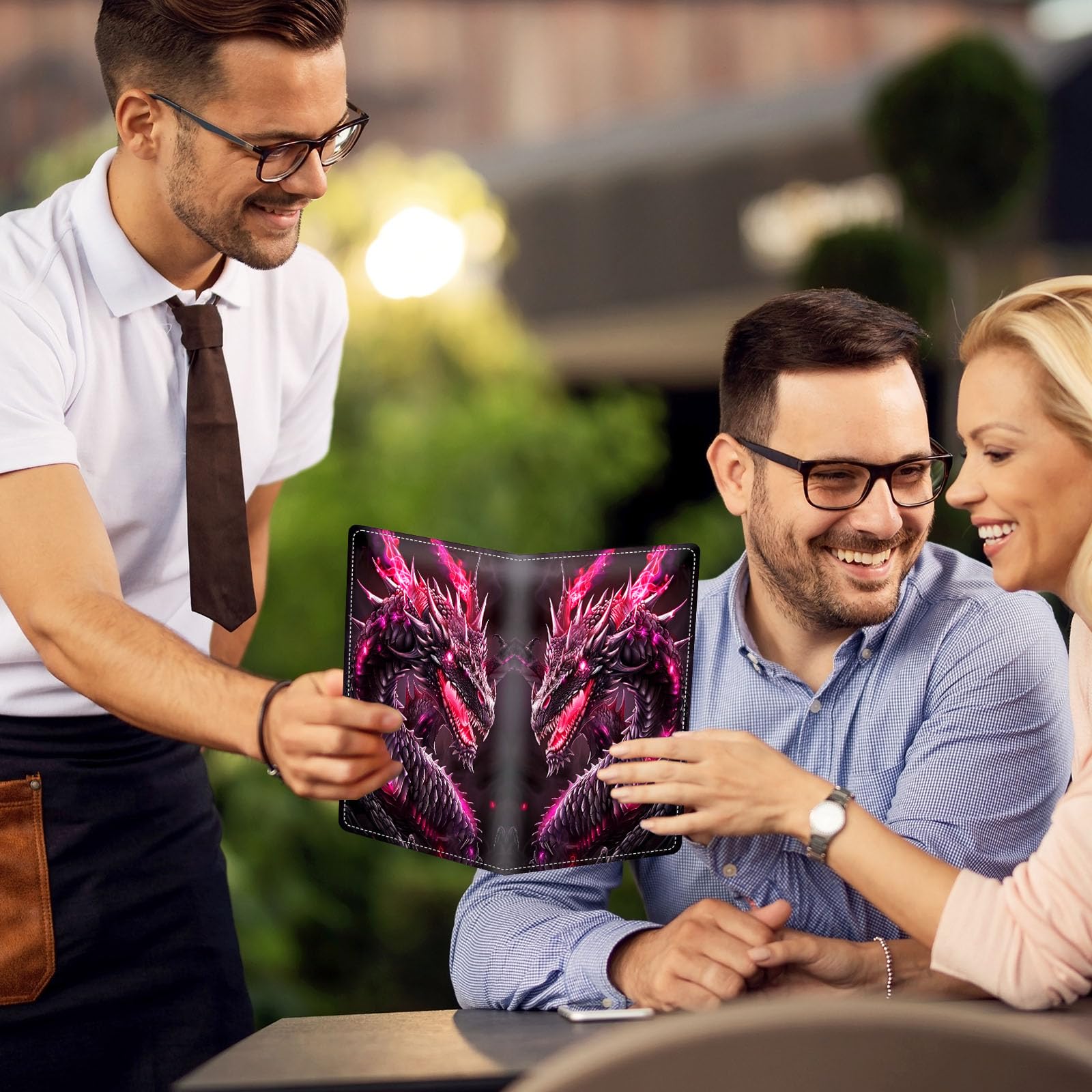 KUJKBFWJ Server Books for Waitress, Cute Server Books with Zipper Pocket, Server Note Pads Holder for Waitress Book, PU Leather Waiter Accessories Fit Waitress Apron,Pink Dragon