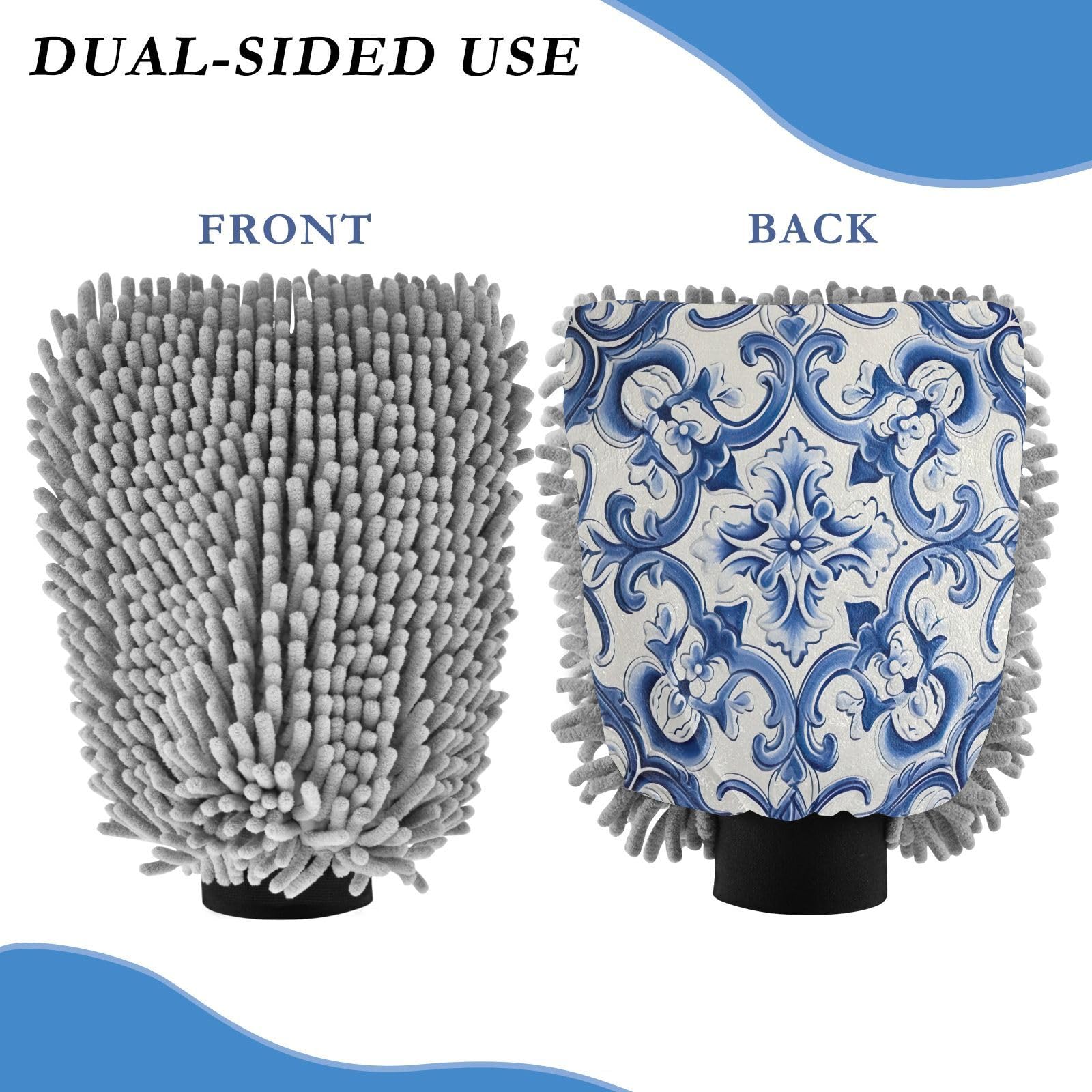 Flradish 2 Pack Ethnic Print Car Wash Mitt Chenille Microfiber Lint-Free Scratch Free Ultra-Soft Absorbent Car Wash Mitt 11.8x8.07 Inch