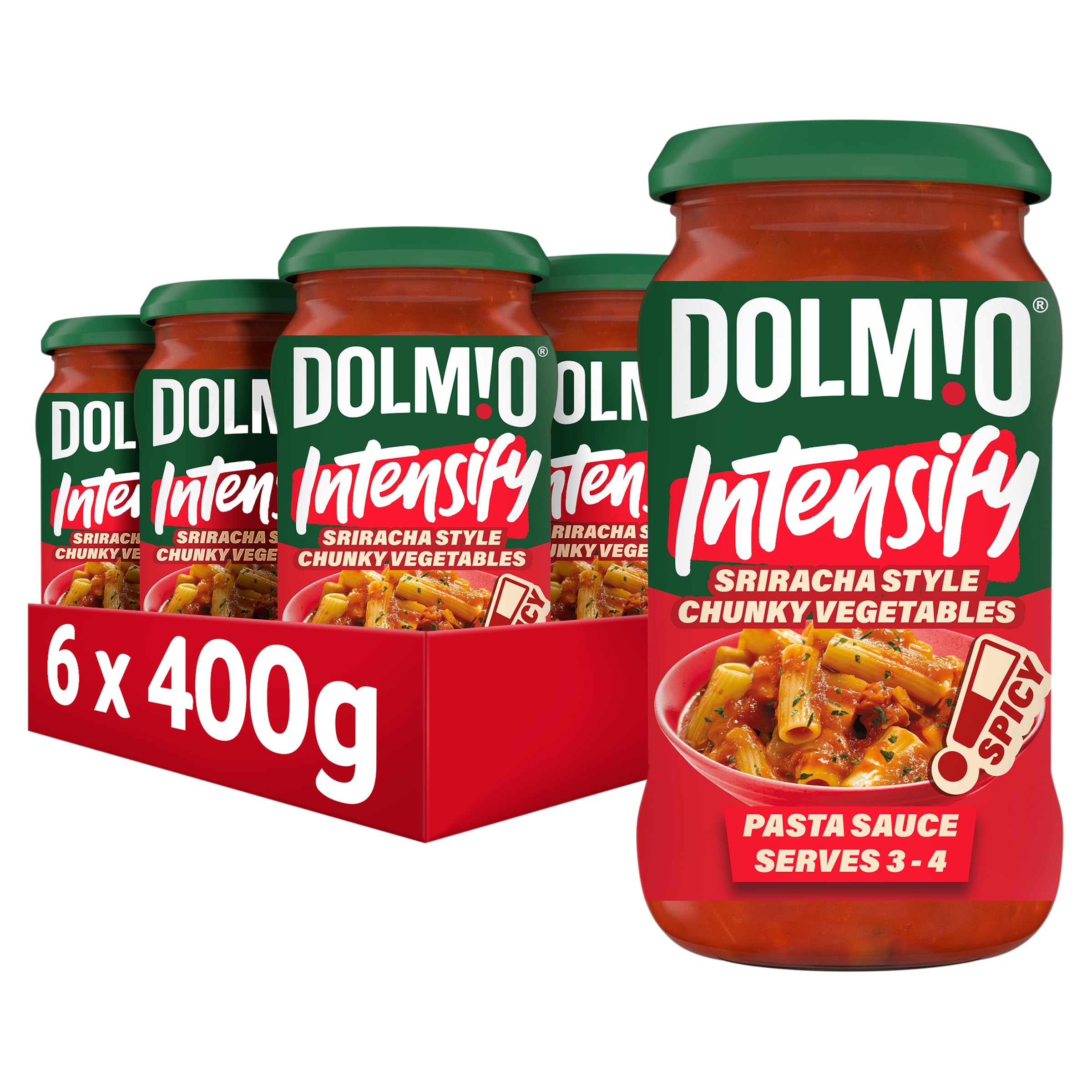 Dolmio Intensify Spicy Sriracha Style Chunky Vegetables Pasta Sauce Jar, Bulk Multipack 6 x 400g