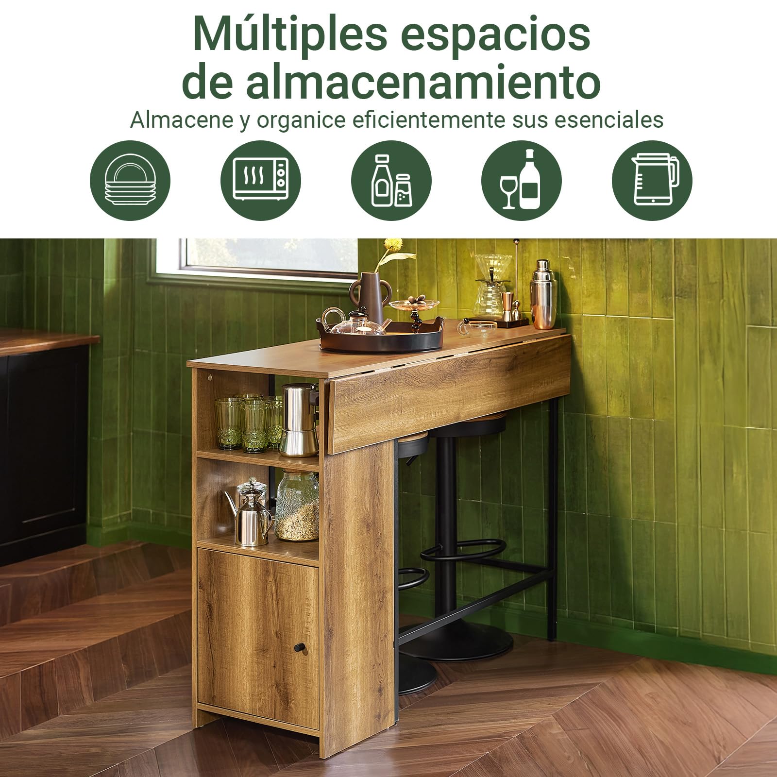 SoBuy FWT98-PF Mesa Alta de Bar Mesa Alta de Comedor con 1 Tablero Plegable Adicional, 1 Puerta y 2 Estantes 120 x 63 x 95 cm ES