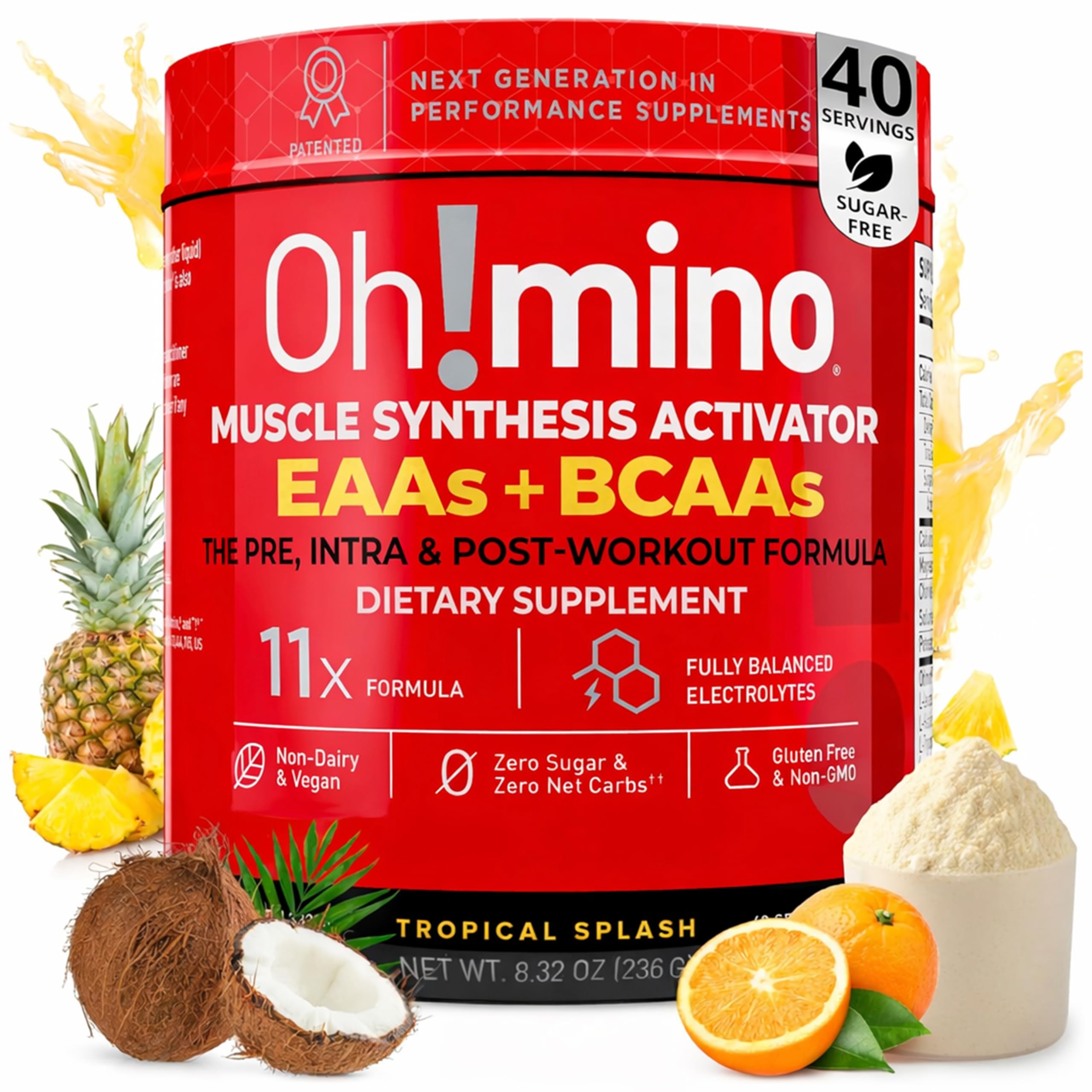 Essential Amino Acids Supplement Drink Powder, Tropical Splash, Cafeeinated Powder, All 9 EAAs, BCAAs and The Perfect Amino for Workouts, Amino Energy, and to Build Muscle, and Recover Faster