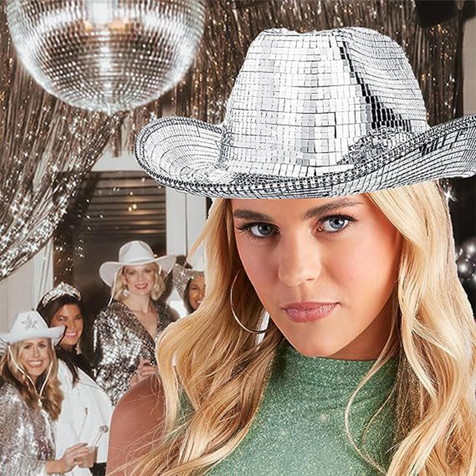 Newwyt Cappello da Discoteca con Specchio Cappello alla Moda con Paillettes Cappello da Festa Cappello da Cowboy per Adulti per Festival Musicali Cappello da Ballo sul Palco Copricapo da Discoteca