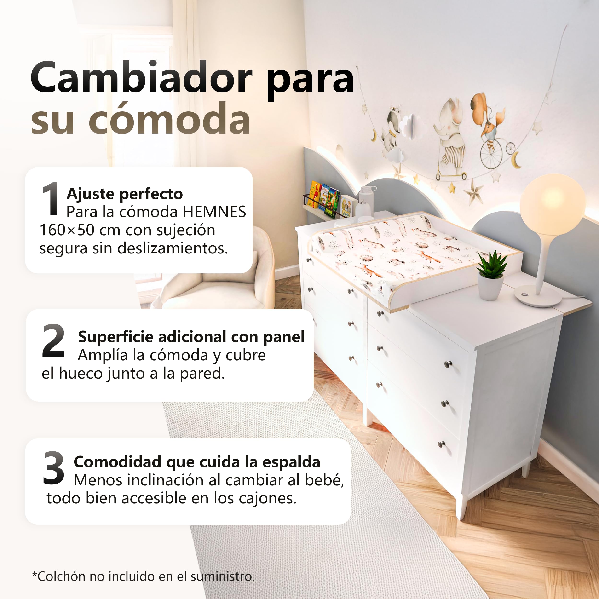 Cambiador con Tablero para Hemnes, Accesorio para Cómodas de 50x160 cm, Accesorio Desmontable para Cambiador, Paneles Frontales Redondeados, Blanco