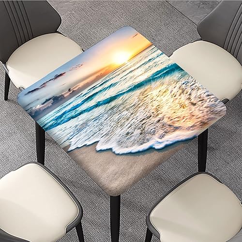 Miniatura 3 de Mantel ajustable cuadrado de verano con diseño de olas del océano, cubierta de mesa con borde elástico, resistente a las arrugas, para banquetes y
