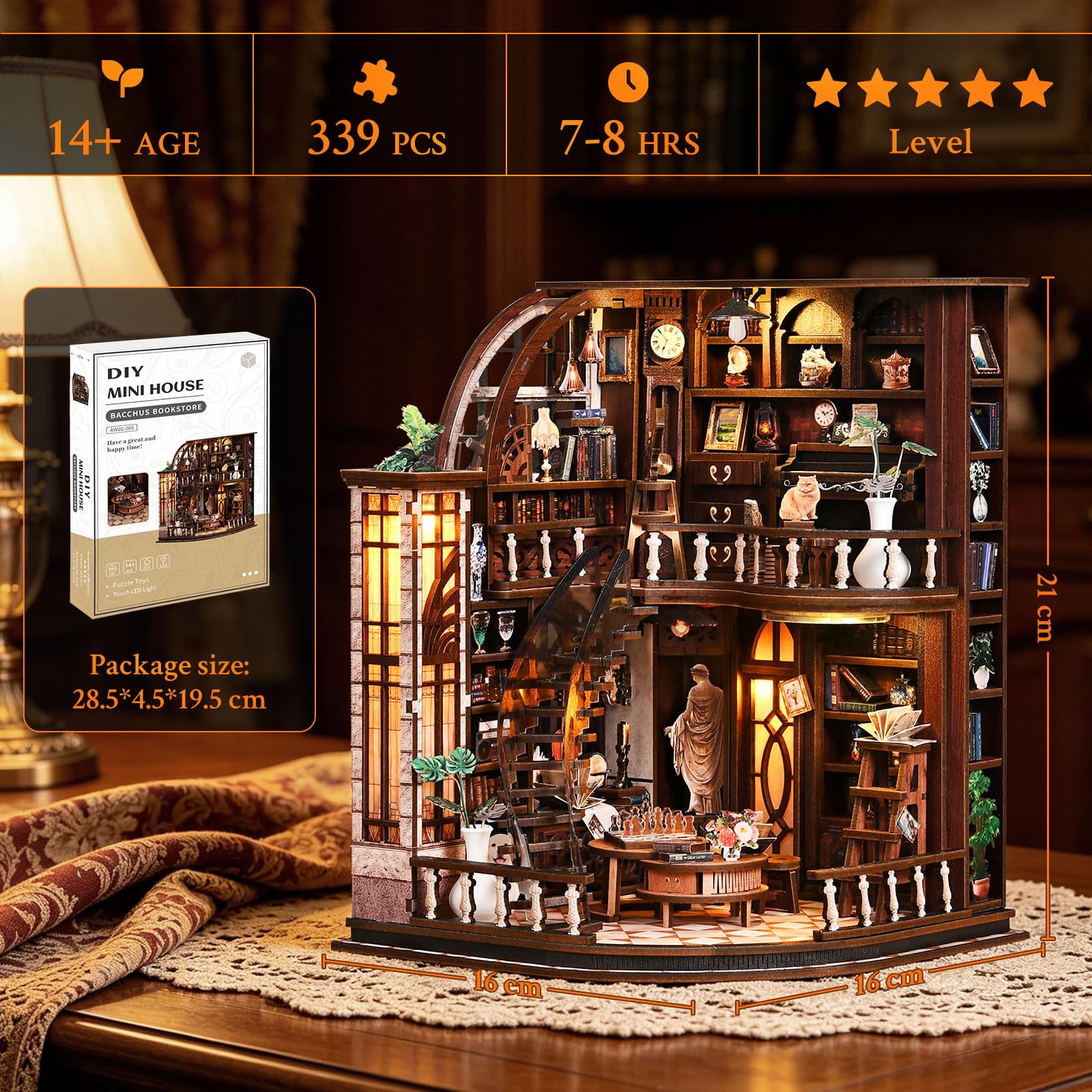 Shrike Zestaw książek DIY – wkład do regału na książki i drewniane puzzle 3D dla dorosłych i młodzieży, podświetlana miniaturowa diorama LED, zestaw do majsterkowania z instrukcją (może nie być