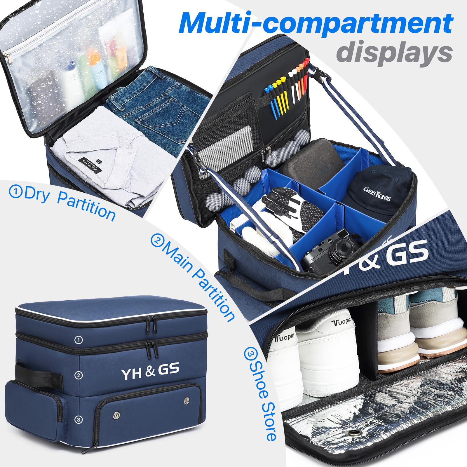 Golfkoffer-Organizer, 3-lagiges Golfzubehör für Herren, 2 Paar Schuhe, separates belüftetes Fach, Golf-Organizer für Auto, Bälle, Kleidung, Handschuhe, Zubehör, Golf-Geschenke, Blau