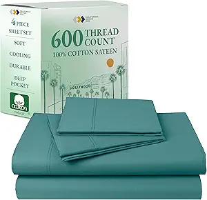California Design Den 100% Cotton Sheets California King Size Set - Luxury 600 Thread Count Sateen, Deep Pocket Cal King Cotton Sheets Set, Hotel-Quality Bedding - Teal Sheets