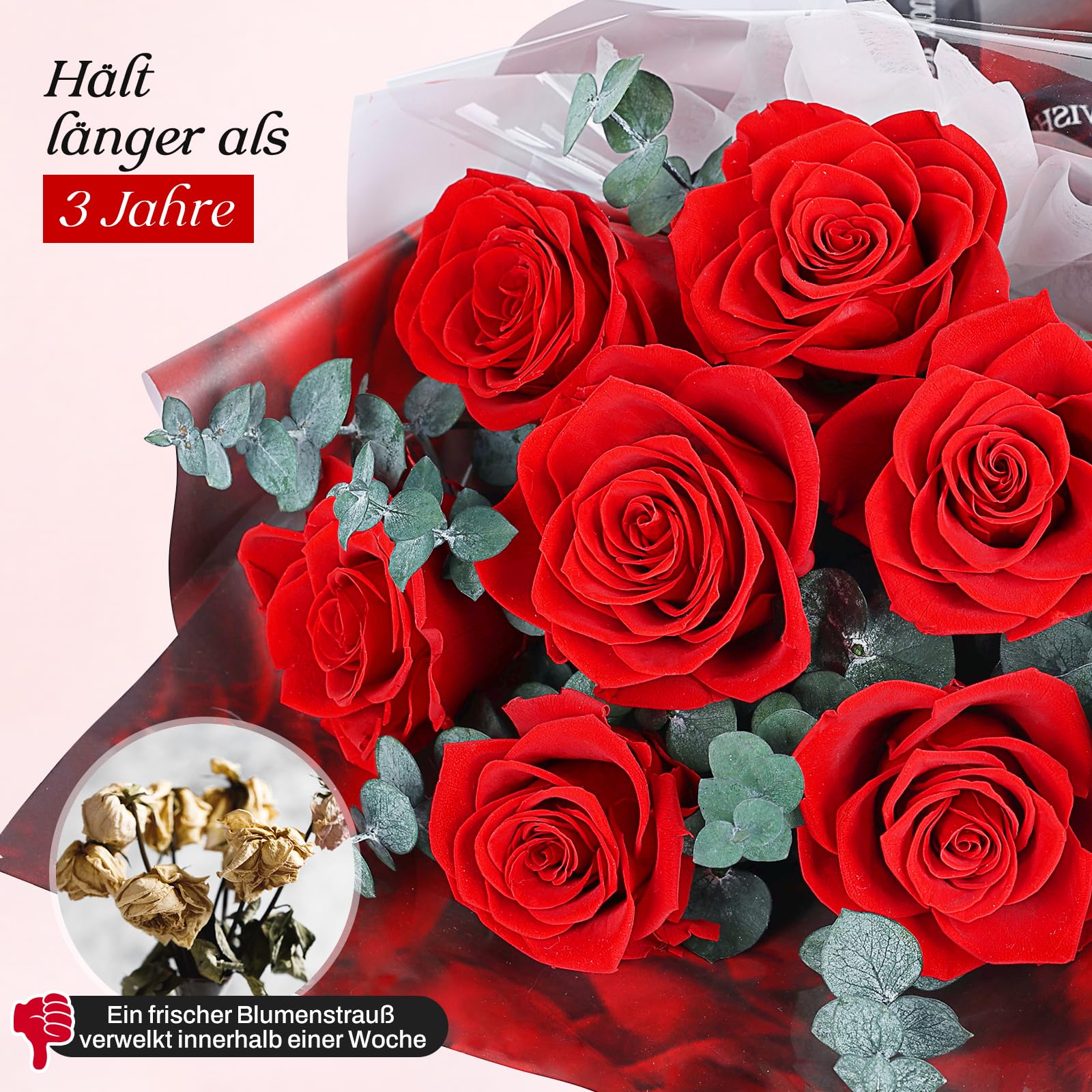 7 Ewige Rote Rosen Strauß, Infinity konservierte Blumen, Geschenk für Sie